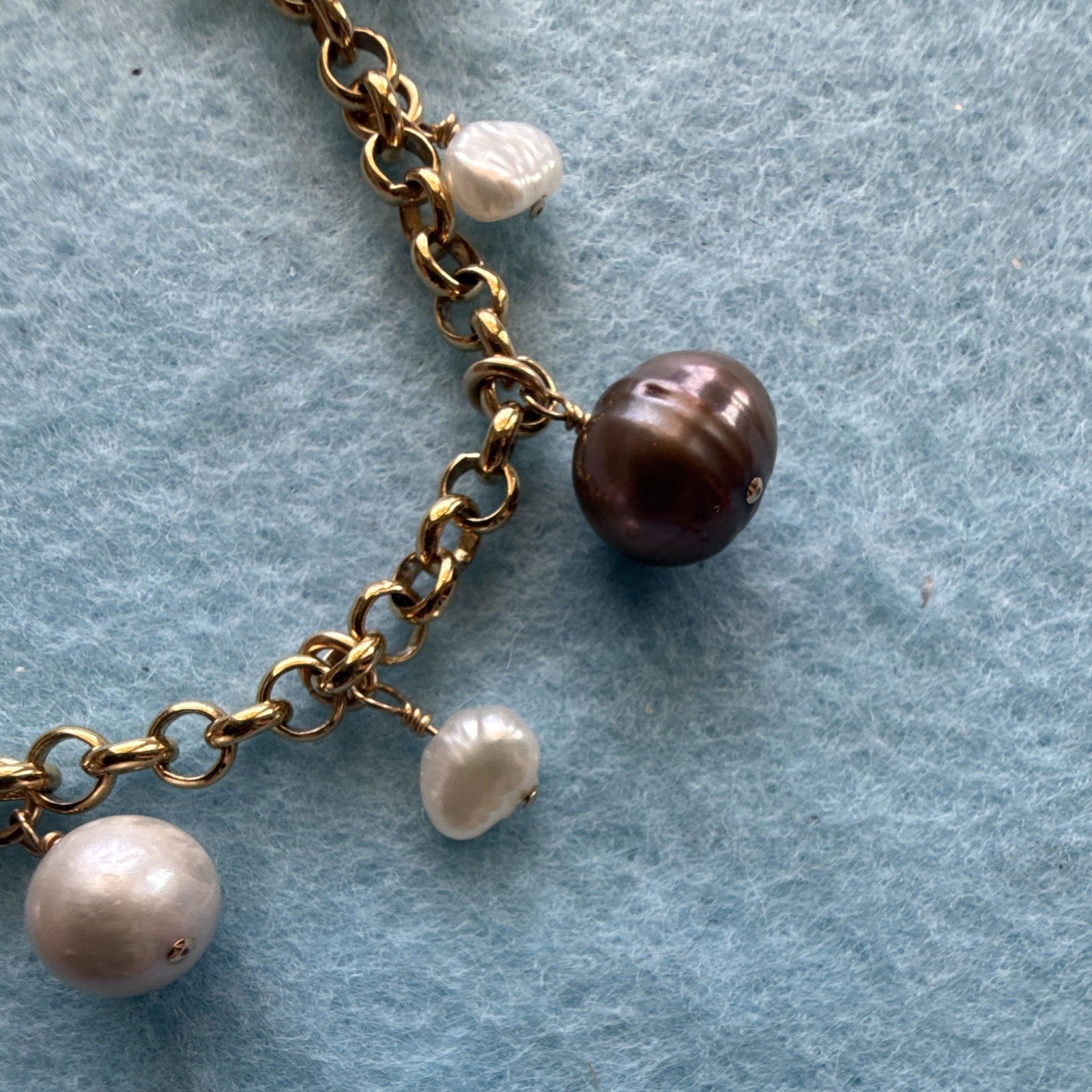 Gold filled Rolo Chain Charm Bracelet Lobster Clasp Baroque Pearl Dangles