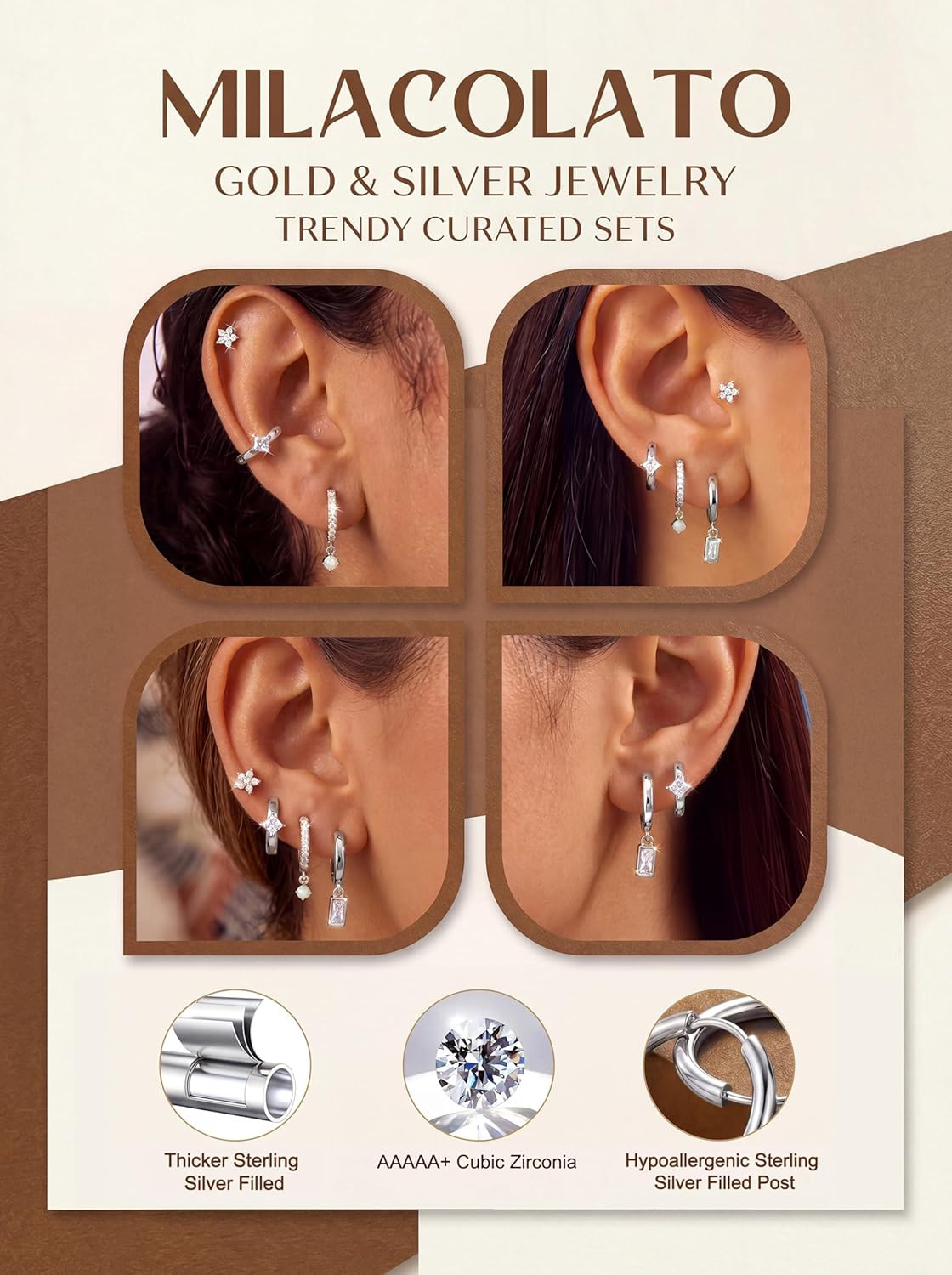 4 Pairs Silver Earrings for Women, Hypoallergenic 14K Gold Filled/Sterling Silve