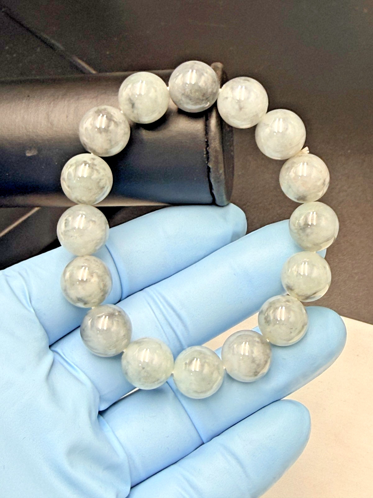Certified Natural Jadeite Jade Beaded Bracelet ICY GRAY 13.5 mm #100072