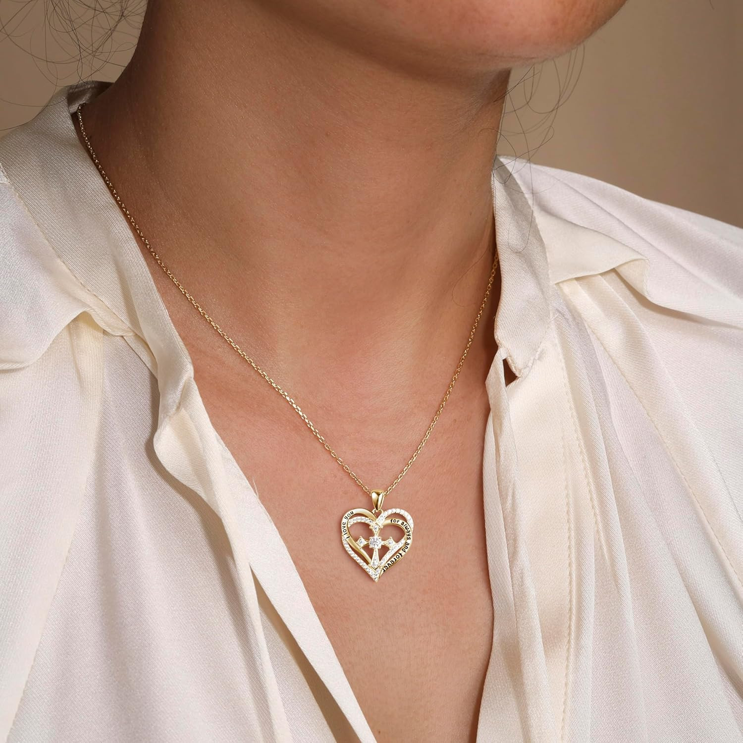 Gold Plated Heart Cross Cat Necklace for Women Cz Diamond Cat Cross Heart Neckla
