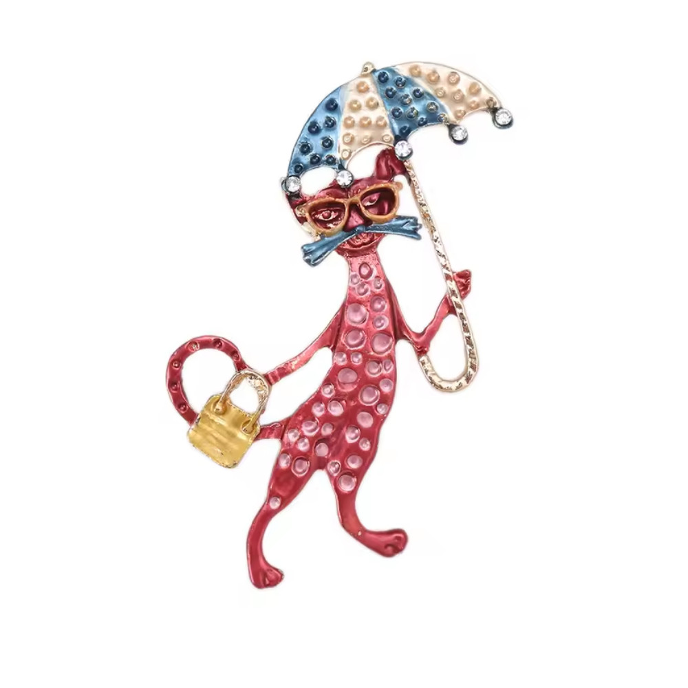 Vintage Style Whimsical Cat Umbrella Brooch Enamel Cartoon Pin Animal Jewelry Gi
