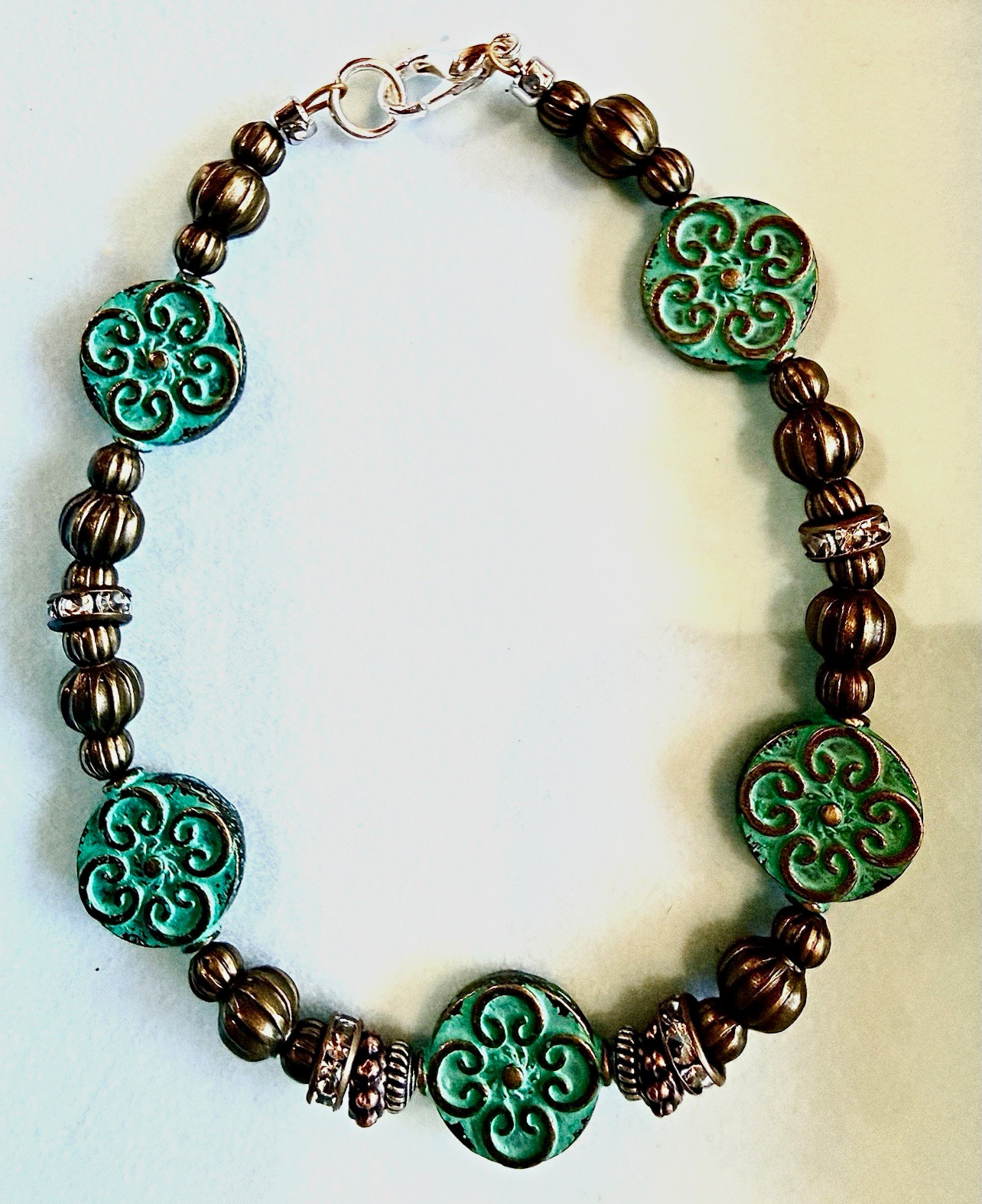 Green Bronze Metal Round Beaded Bracelet, Crystal Spacers, Lobster Clasp
