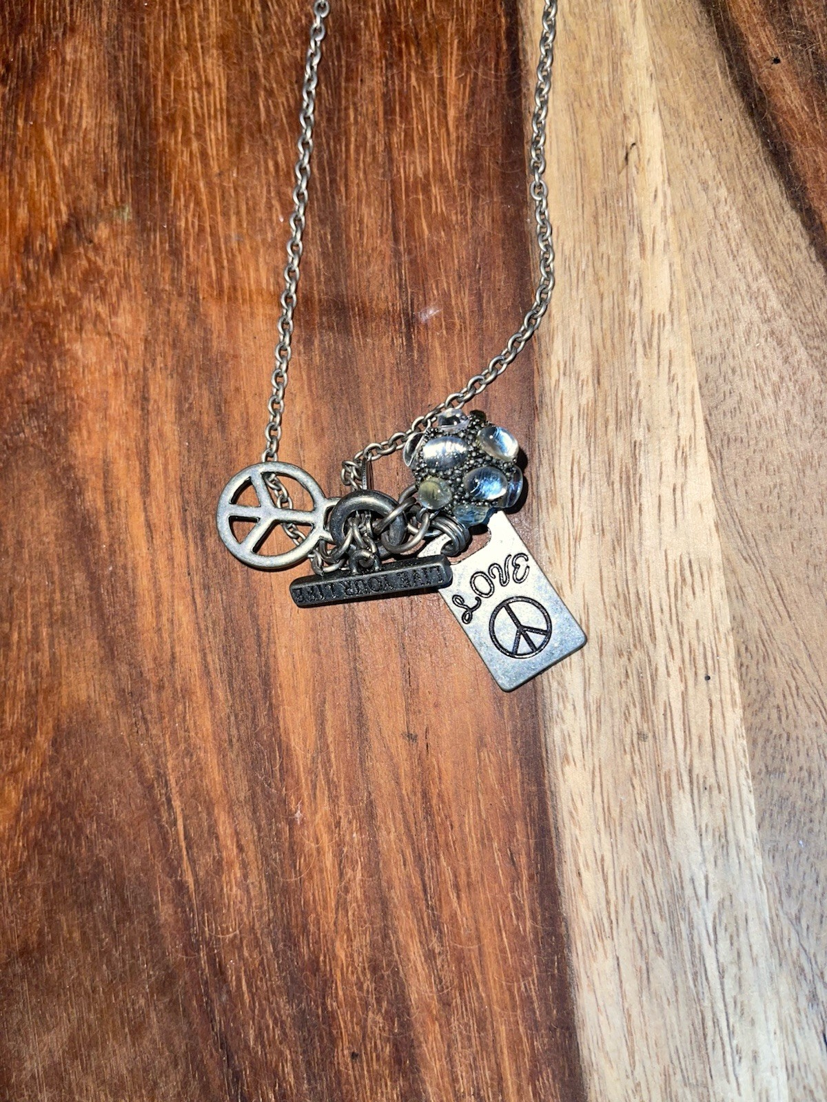 Pendant Necklace Boho Peace, Love Life, Love & Crystal Charms Silver Tone Aeo