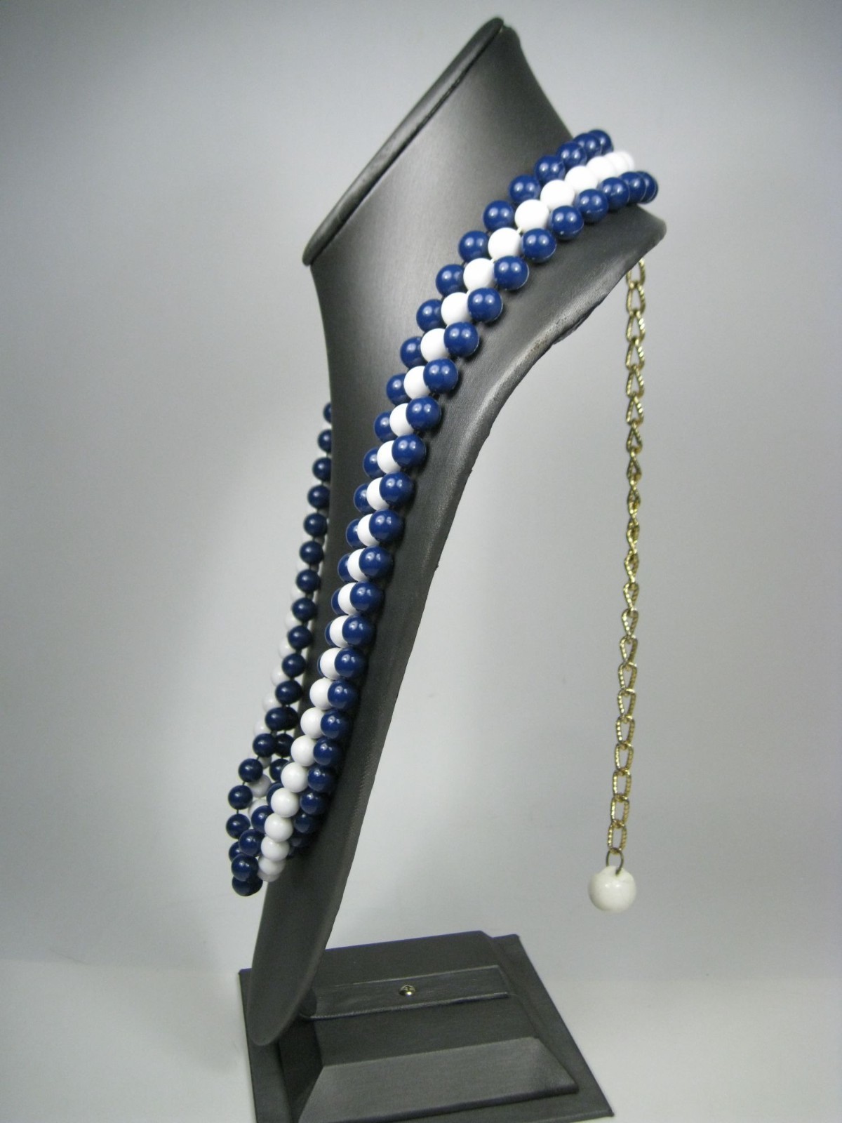Classic Multi Strand Navy Plastic Beaded Necklace Gold Tone Chain Layered 50 in