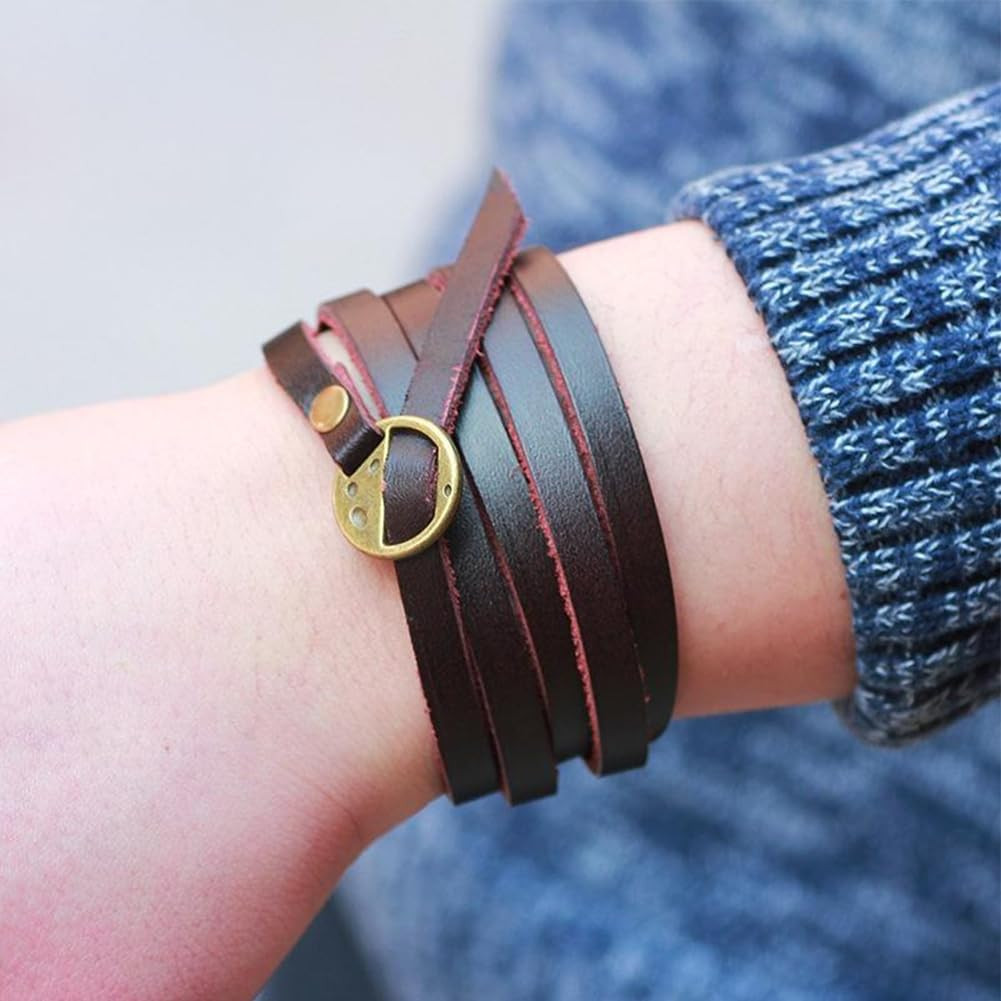 2PCS Genuine Leather Cuff Bracelets Adjustable Cowhide Leather Boho Layered Arm
