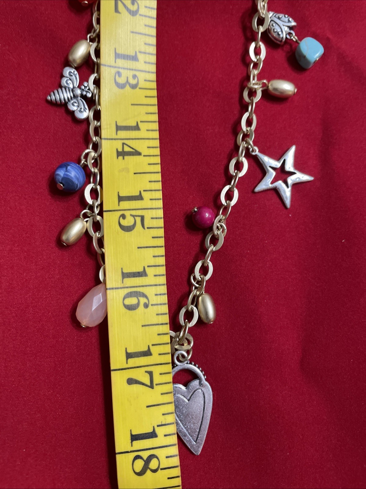 CHICOS Gold Tone Chain Necklace Varied Charms Heart 34″ Long New
