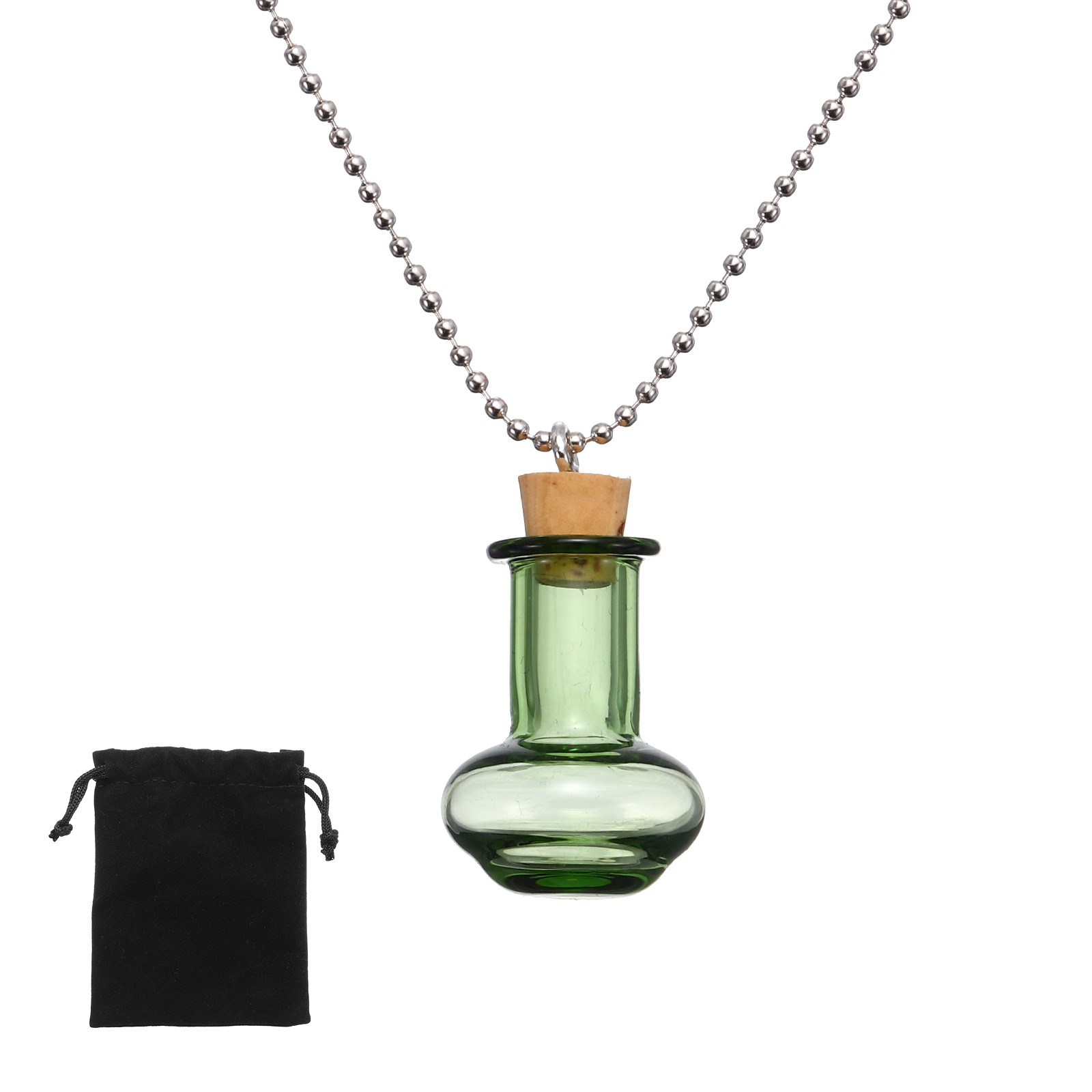 22mm Vial Necklace with Cork Stoppers Black Velvet Bag, Vase Shaped, Green