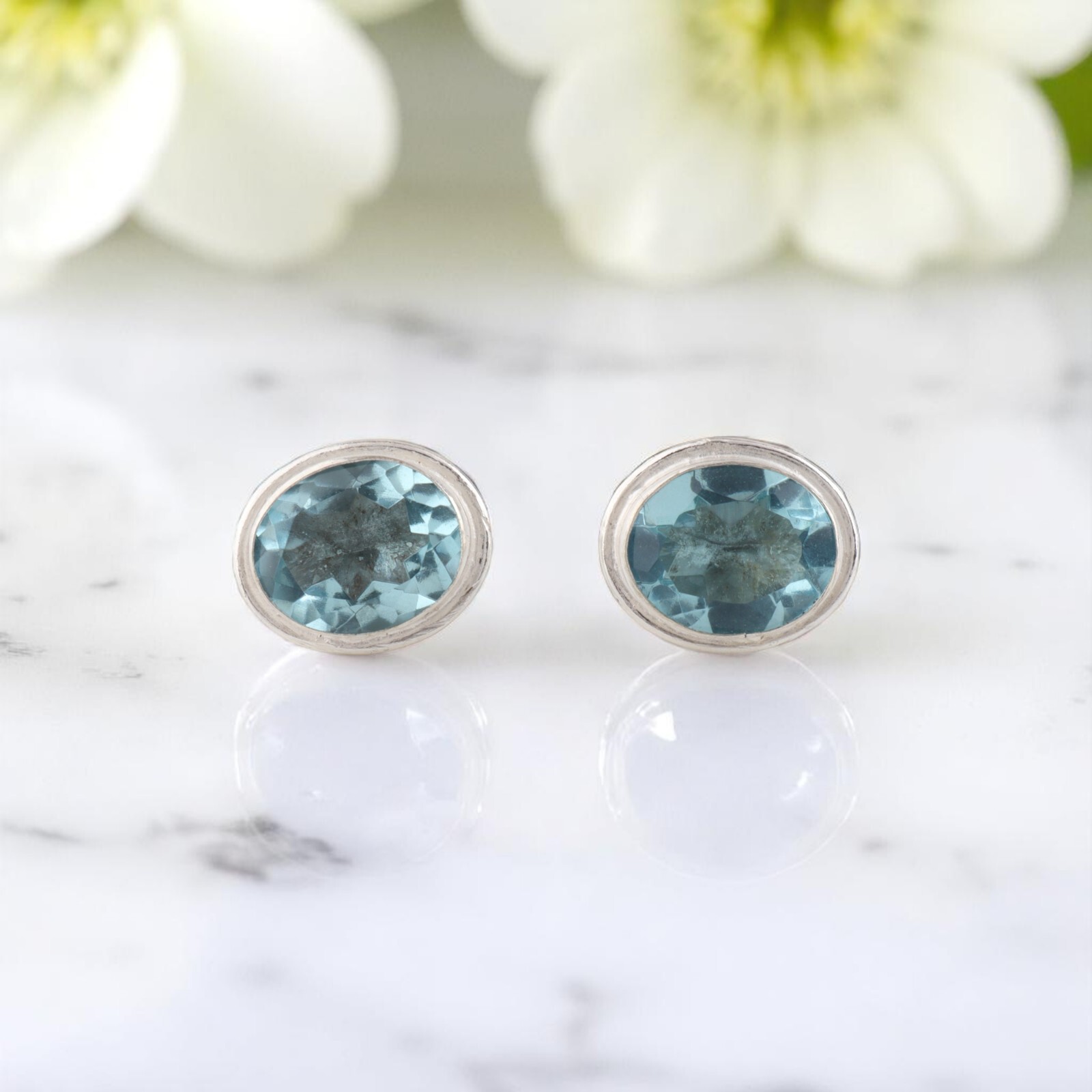 Sky Blue Topaz Gemstone 925 Stamped Silver Handmade Jewelry Stud Earrings 0.5”