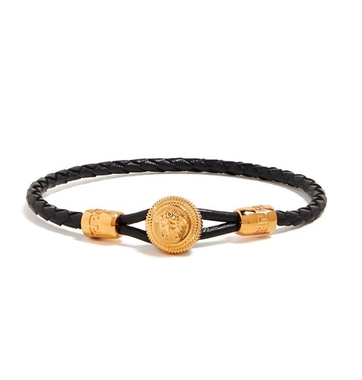 Versace Black Braided Leather Gold Color Medusa Head Bracelet sz M