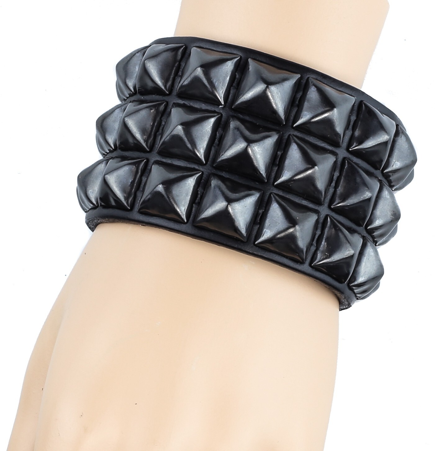 Three Row Black Pyramid Stud Leather Punk Goth Club Rockabilly Studded Bracelet