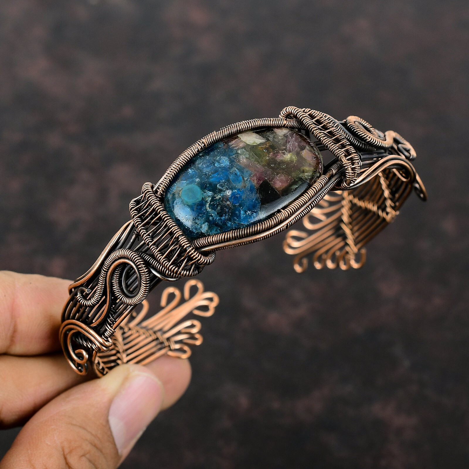 Watermelon Tourmaline Copper Gift For Bestie Wire Wrapped Adjustable Cuff