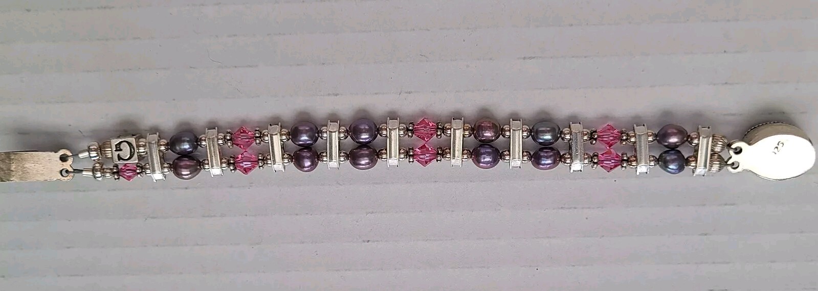 Pink Purple Amethyst Swarovski Crystal Silver Bracelet Stretch G Initial 6 in