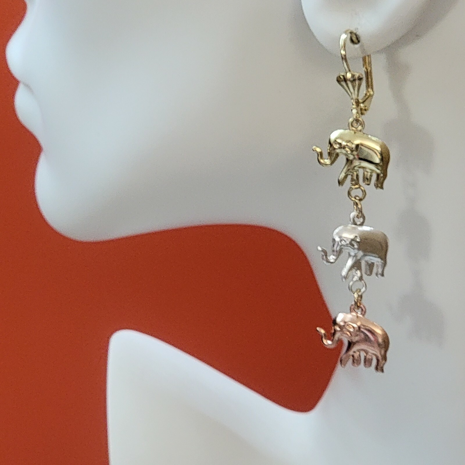 Women’s Tri Color Gold Plated Elephants Drop Dangle Long Earrings Oro Laminado