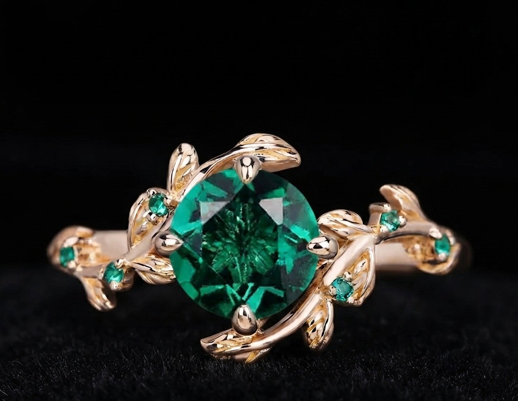 Emerald Leaf, Gold Plated Sterling Silver Vine Engagement,