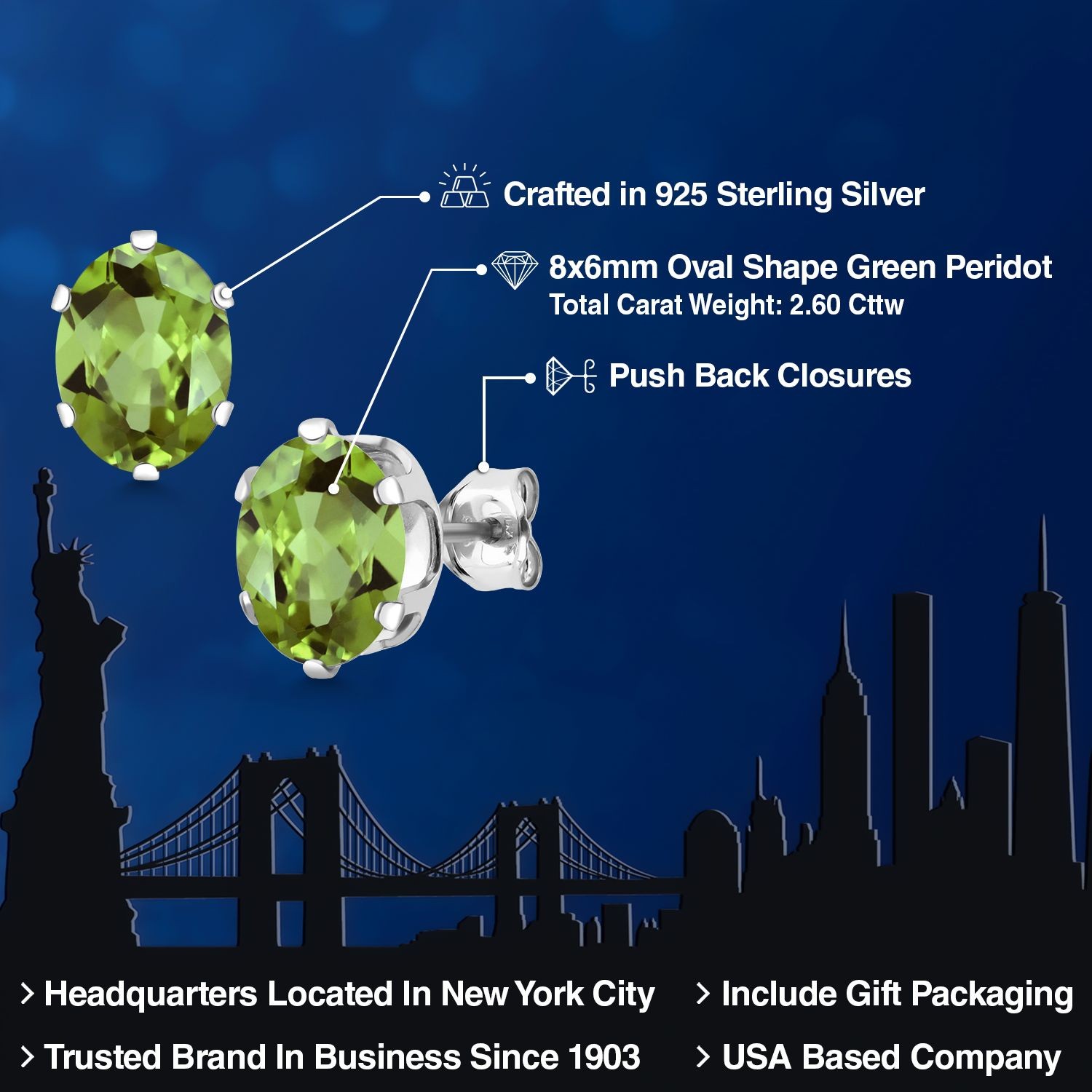 2.60 Cttw Peridot Stud Earrings For Women Men | 925 Sterling Silver | Gemstone