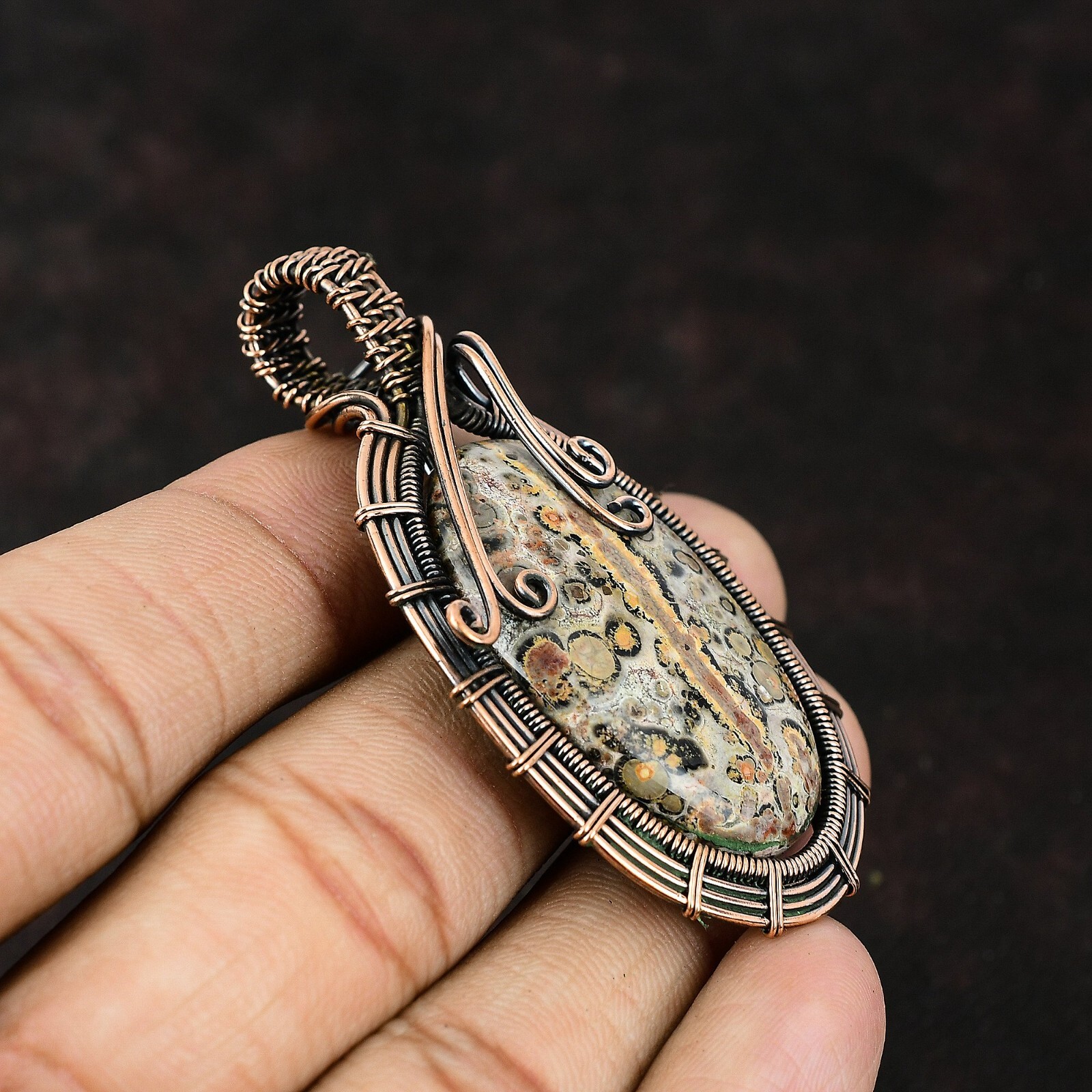 Ocean Jasper Gemstone Jewelry Copper Gift For Love Wire Wrapped Pendant 2.52″