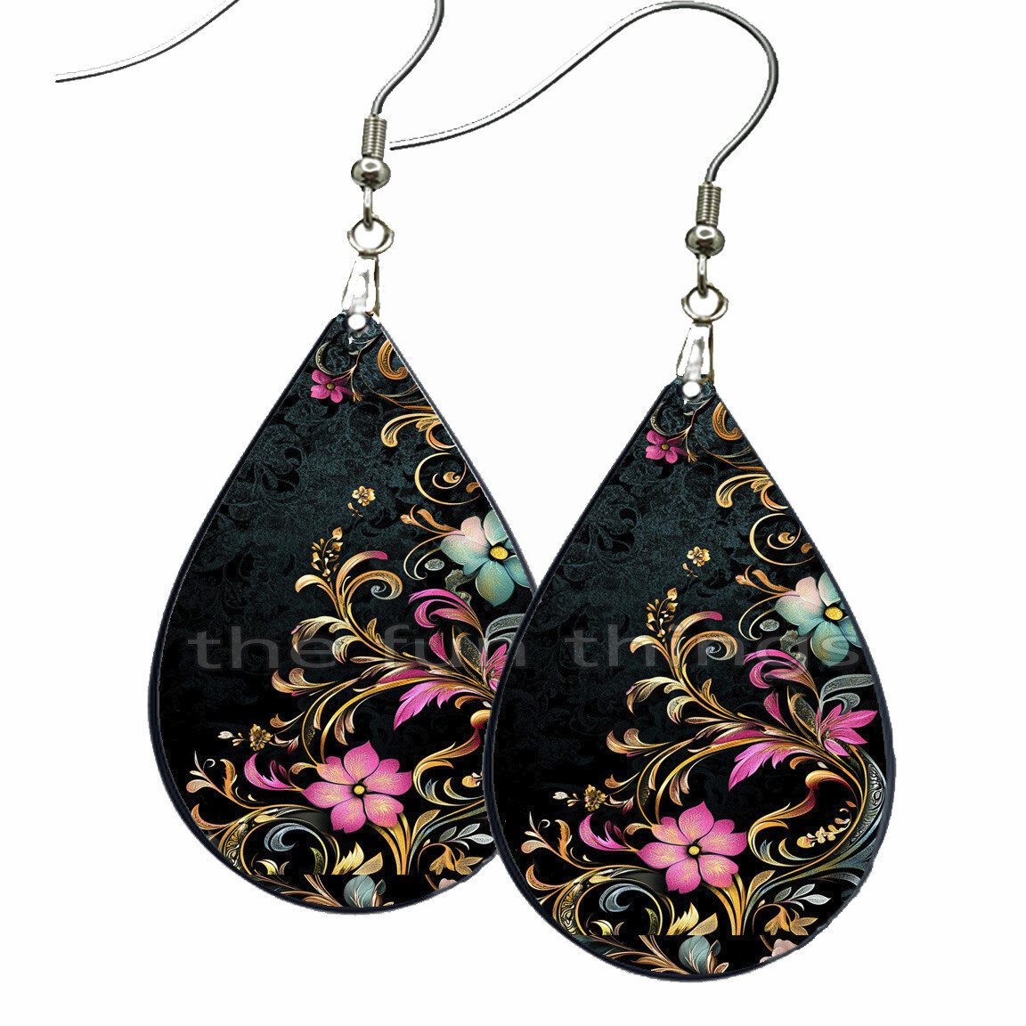 Pink & Blue Summer Flowers Earrings Teardrop NO TARNISH Wood Floral Jewelry Gift