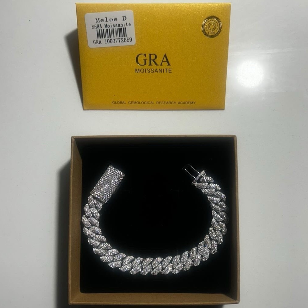GRA Silver Cuban Link Chain Bracelet White Moissanite Pavé Set