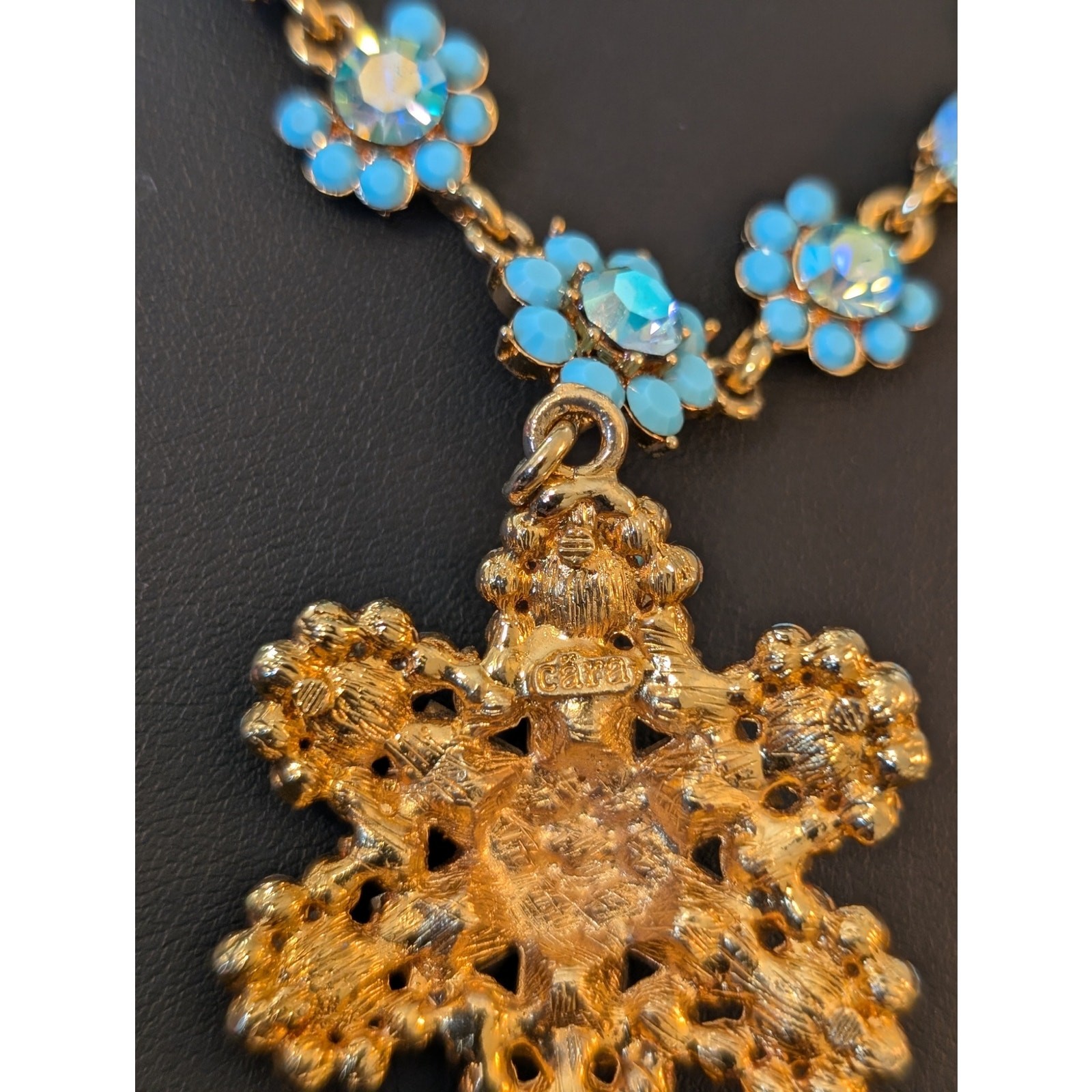 Authentic Cara Blue AB Crystal Gold Tone Pendant 16″ – 20.5″ Necklace