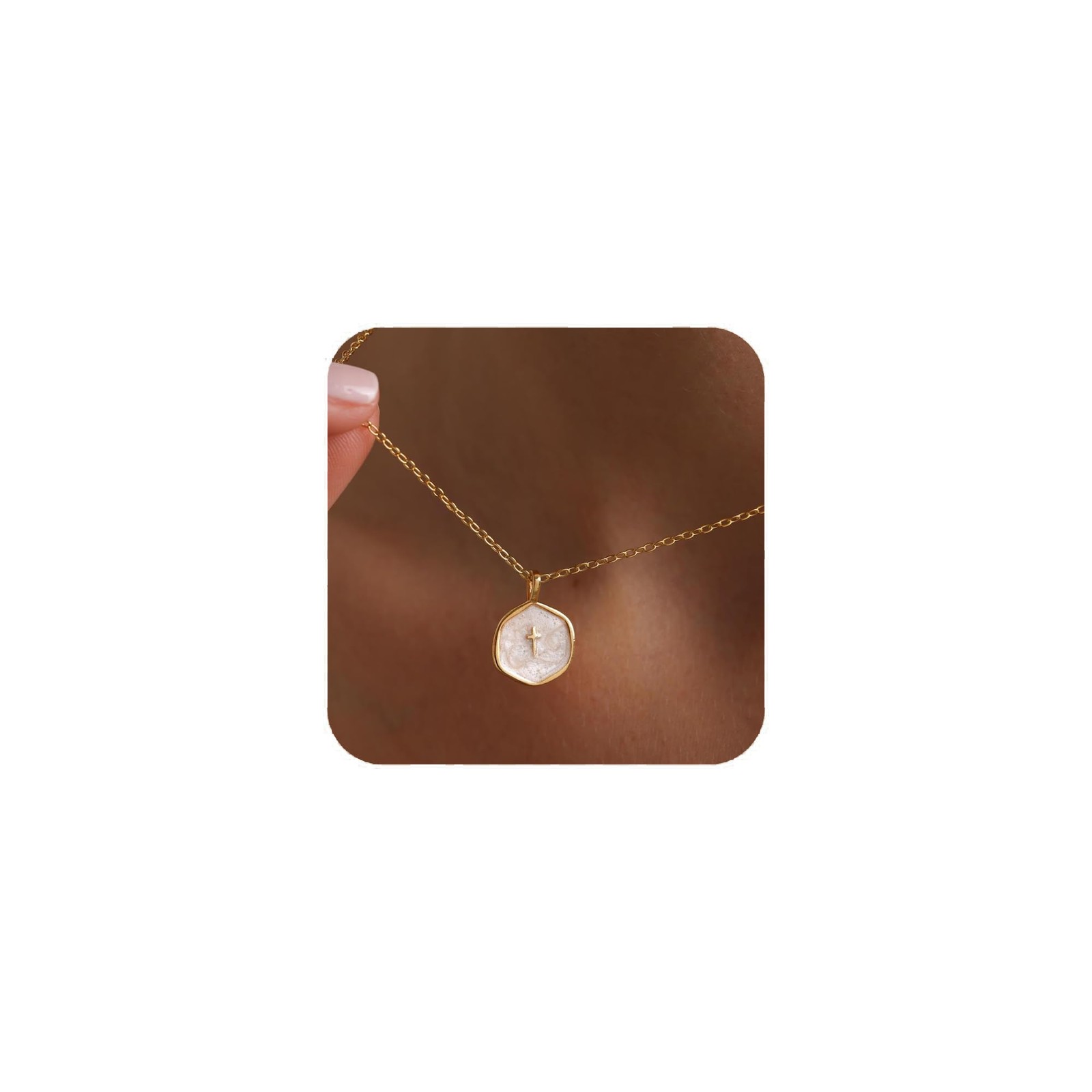 Small Cross Necklace for Women, Dainty 14K Gold Plated 14mm, pearl white