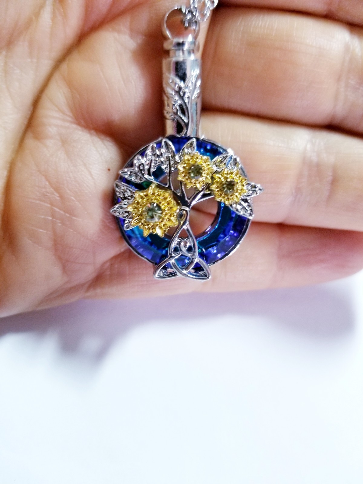 Silver Tone Urn Cremation Memorial Necklace Sunflowers Pendant for Ashes Blue
