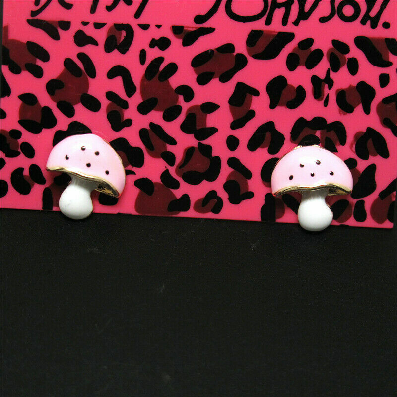 Cute New Yellow Gold Pink & White Enamel Mushroom Stud Earrings