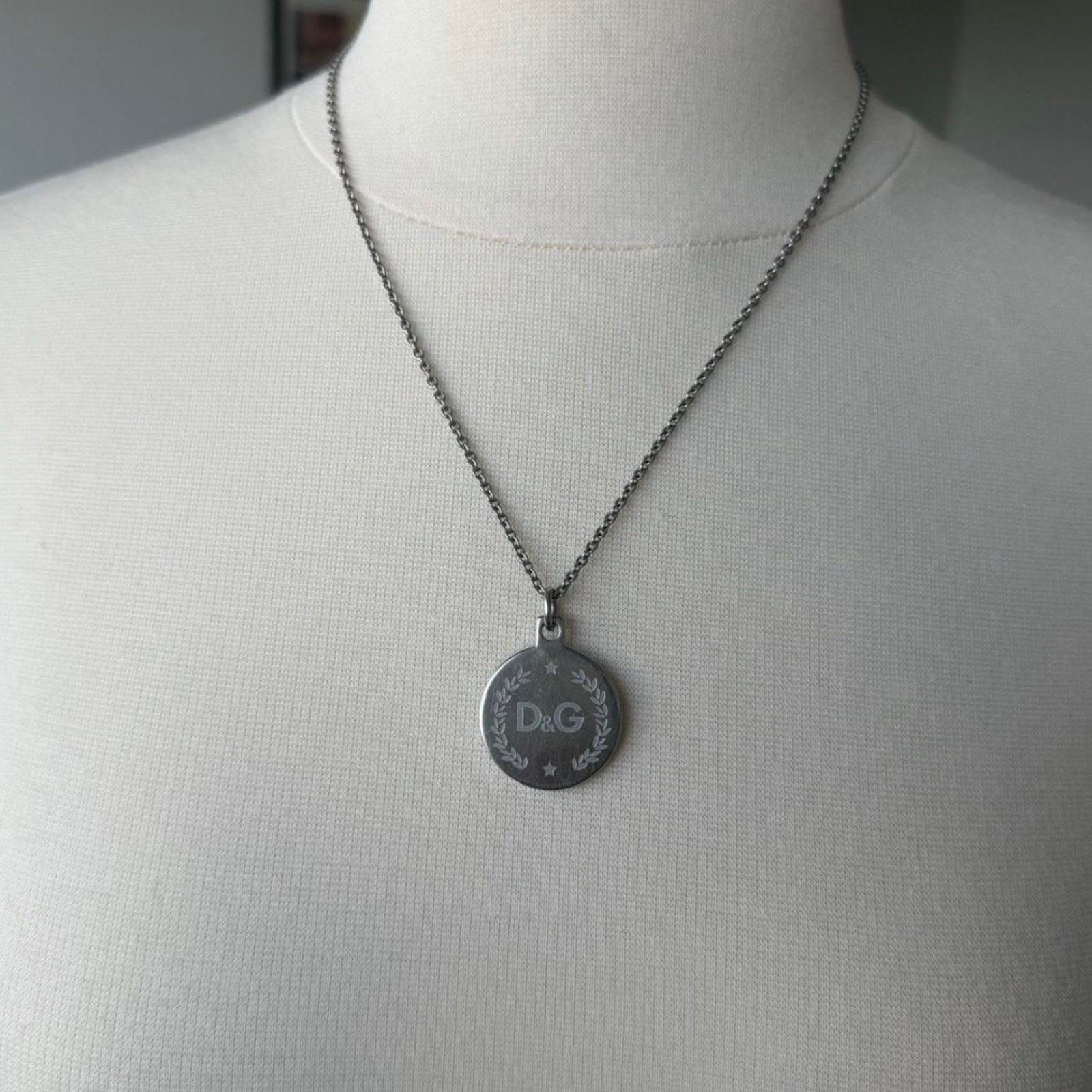 D&G Dolce & Gabbana Silver Logo Medallion Pendant Necklace