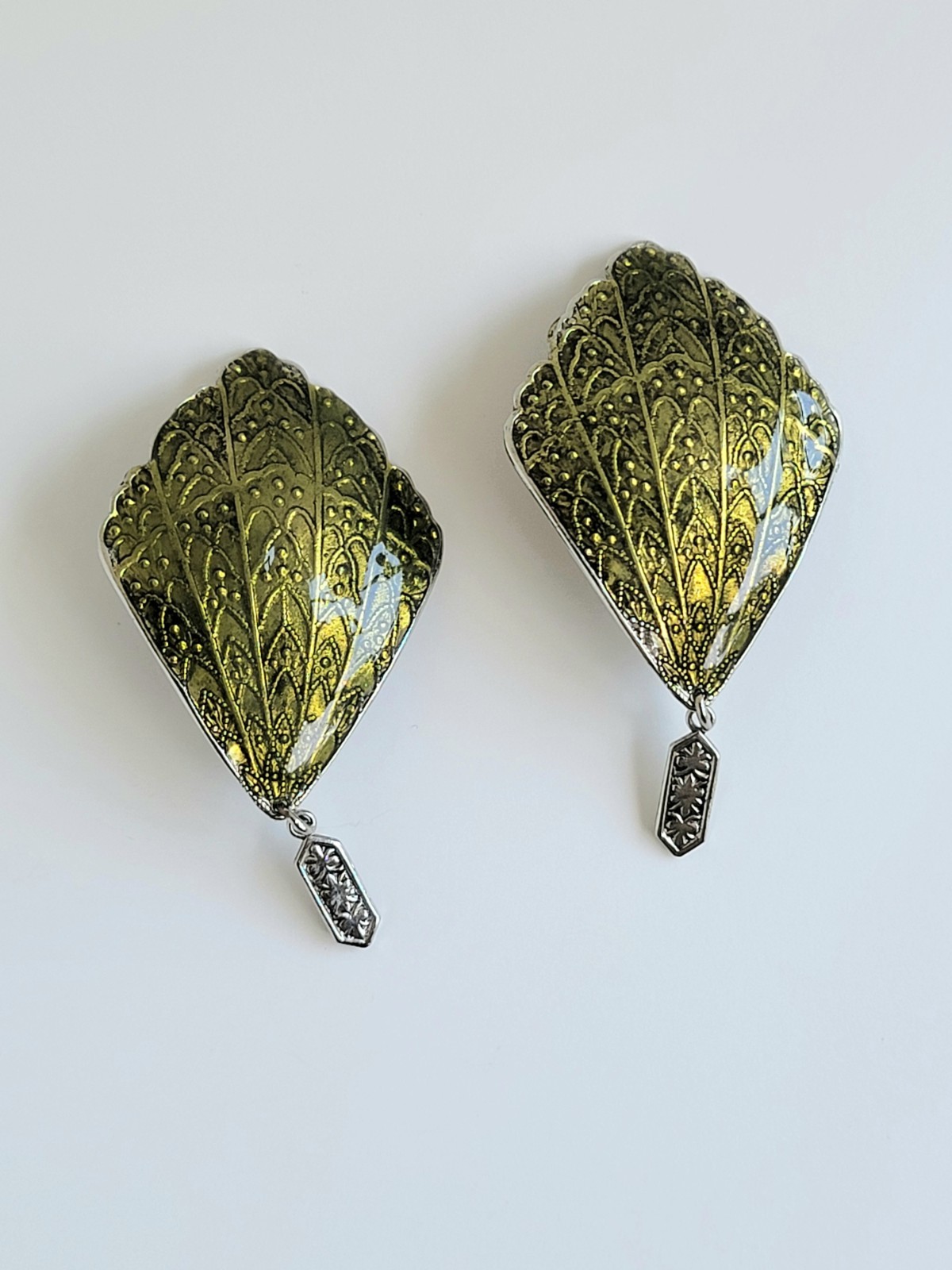Art Deco Bohemian Fan Earrings Green Enamel Dangle Clip Ons