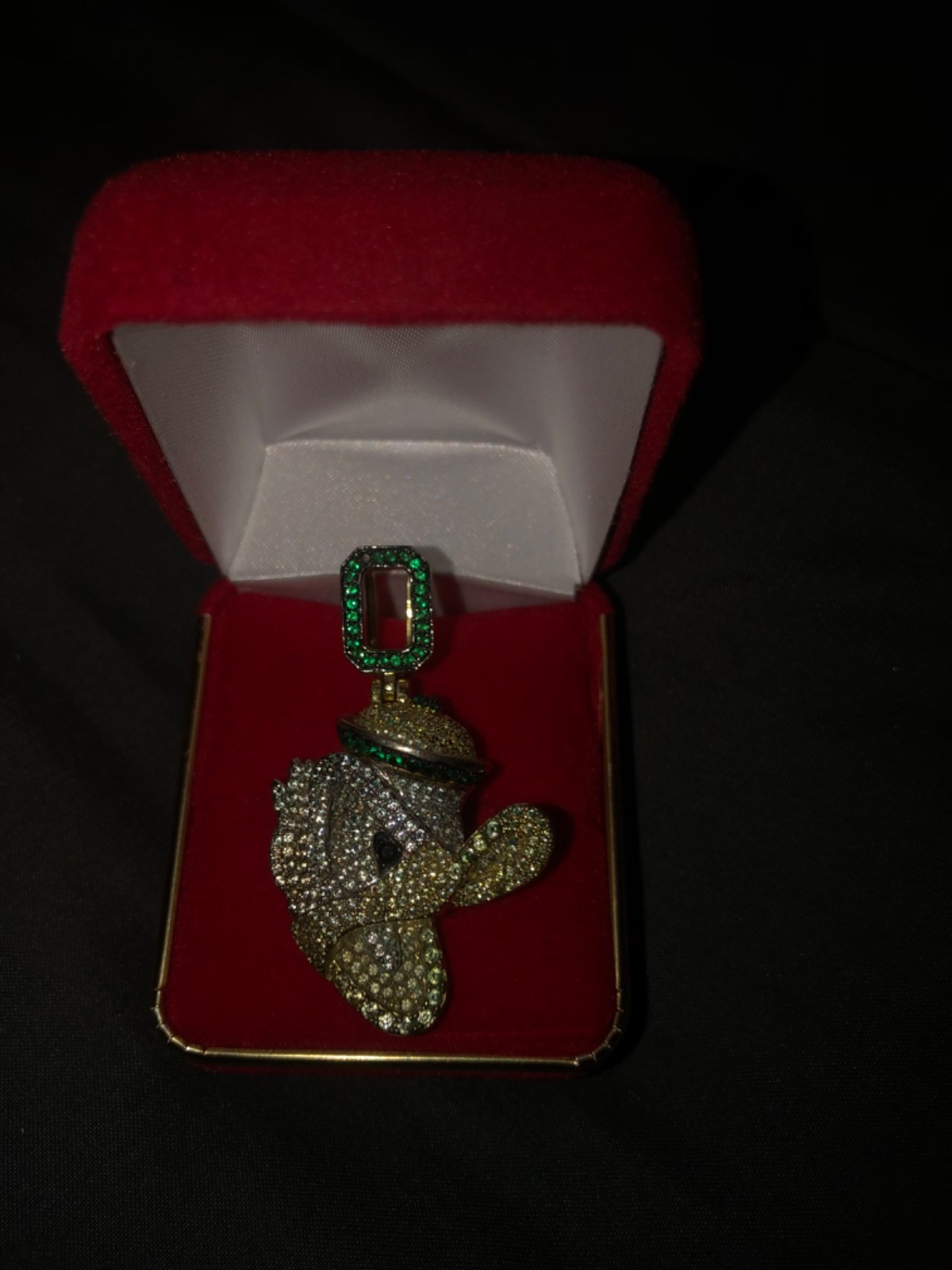 Iced Out Oregon Ducks Mascot Pendant – Custom Pave Rhinestone Jewelry – Universi