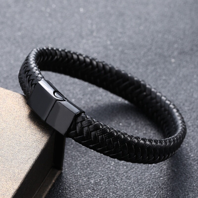 Unisex Women Men Braided Leather Steel Magnetic Clasp Bracelet Handmade