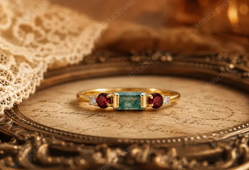 Lab Created Green Moss Agate Ring, Base Metal: Brass Finish: Gold Plated