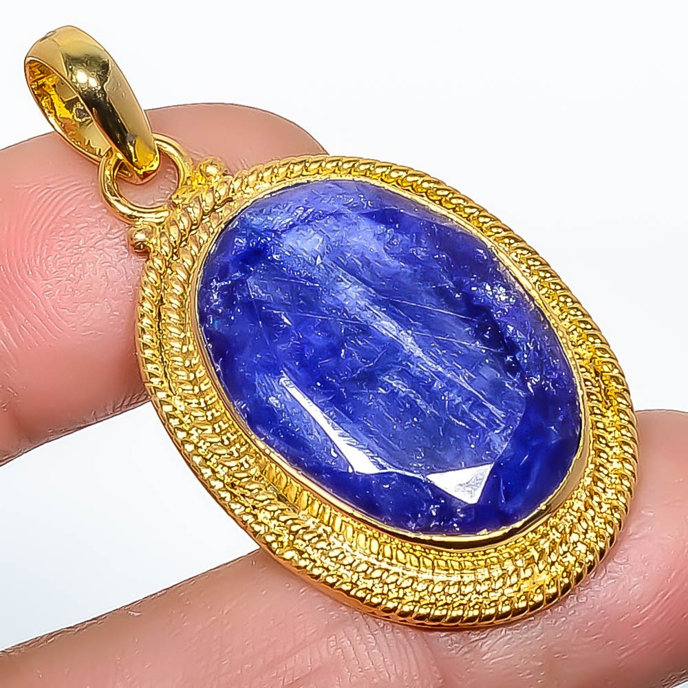 Blue Sapphire (Lab-Created) 18k Yellow Gold Plated Pendant 1.76″ P7622-