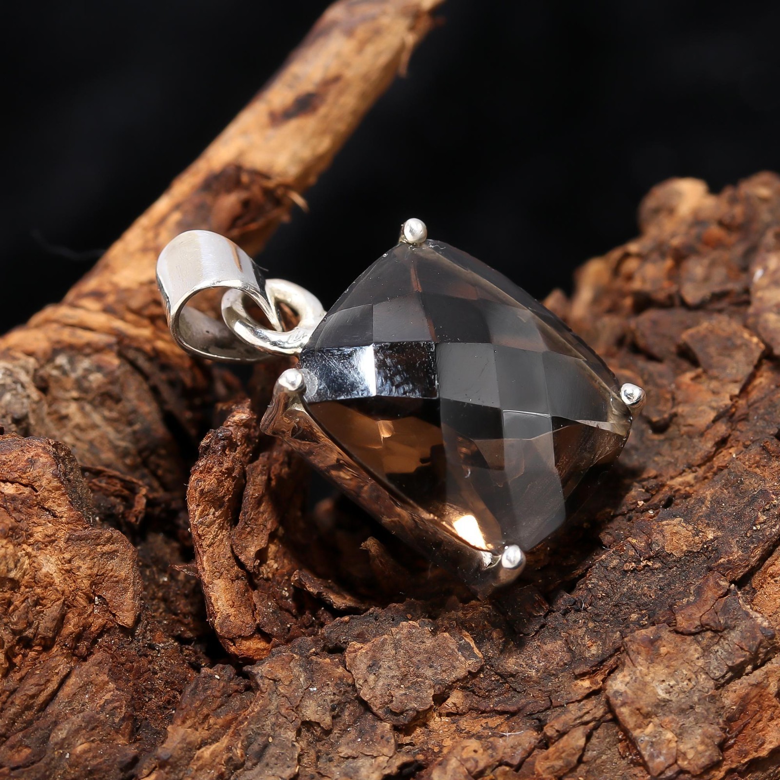 Natural Smoky Quartz Cushion Chain Pendant 925 Sterling Silver Handmade Jewelry