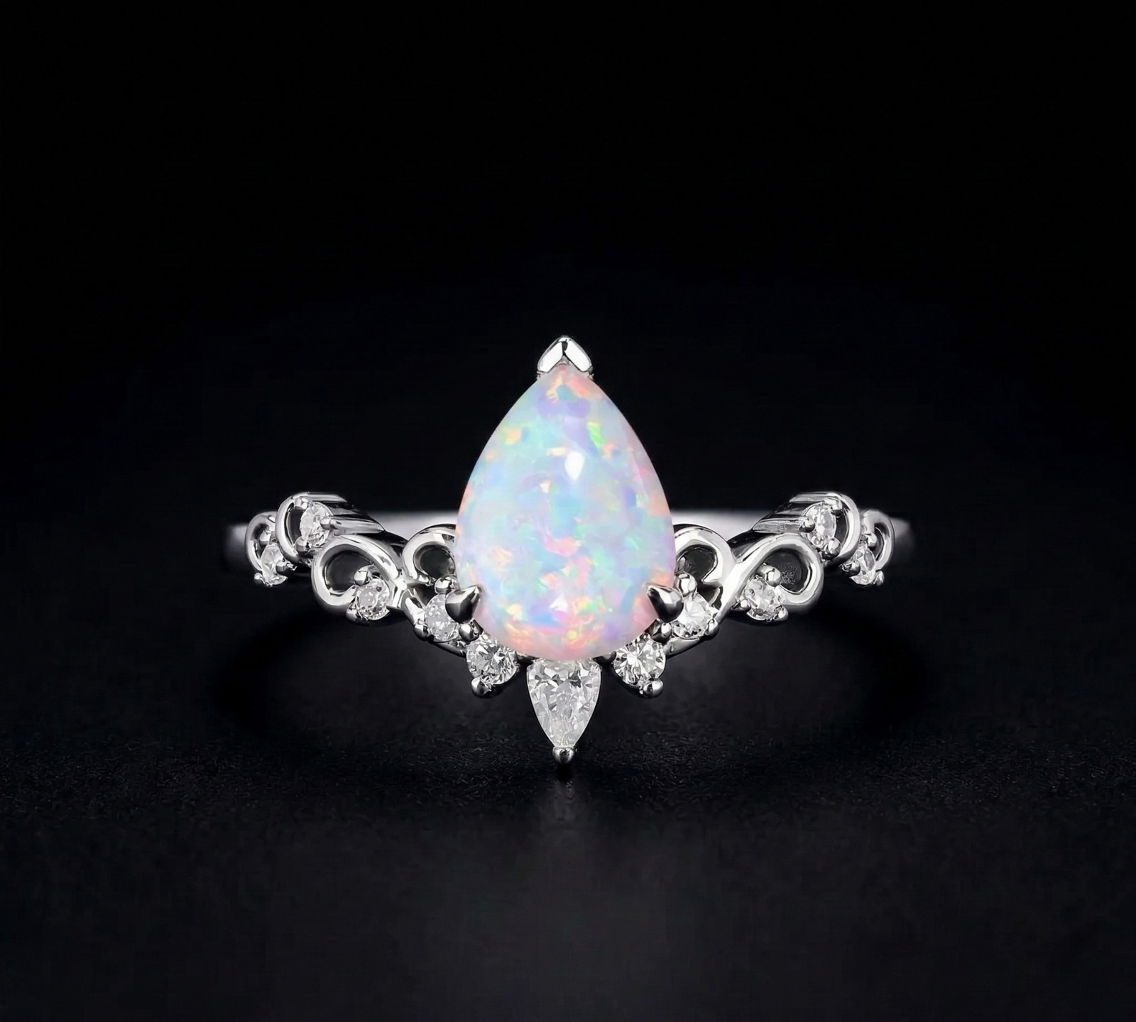 Pear Cut White Opal Engagement Ring, Sterling Silver Wedding Band, Art Deco Ring