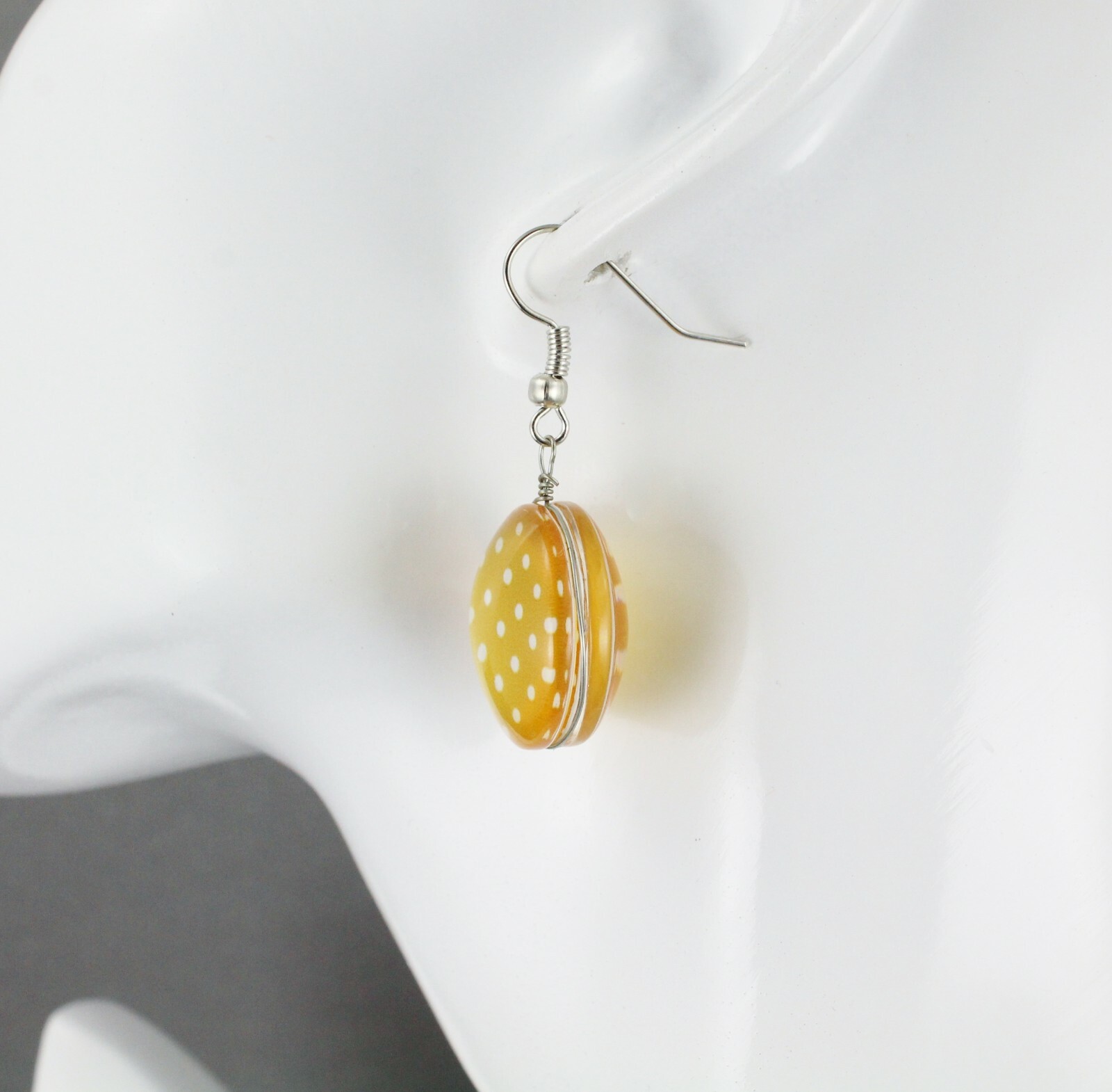 Yellow earrings polka dot dangle jewelry 1 5/8″ long medallion white dots
