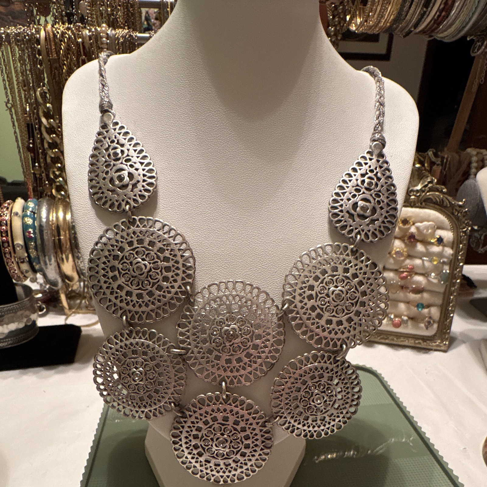 Silver-Tone Filigree Round Disc Bib Statement Necklace Braided Chain Lobster