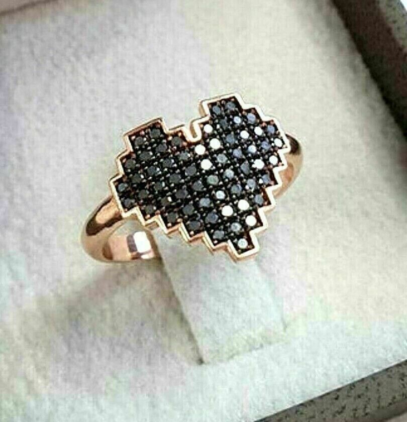 Round Cut Simulated Black Diamond Promise Heart Band Ring 14k Rose Gold Plated