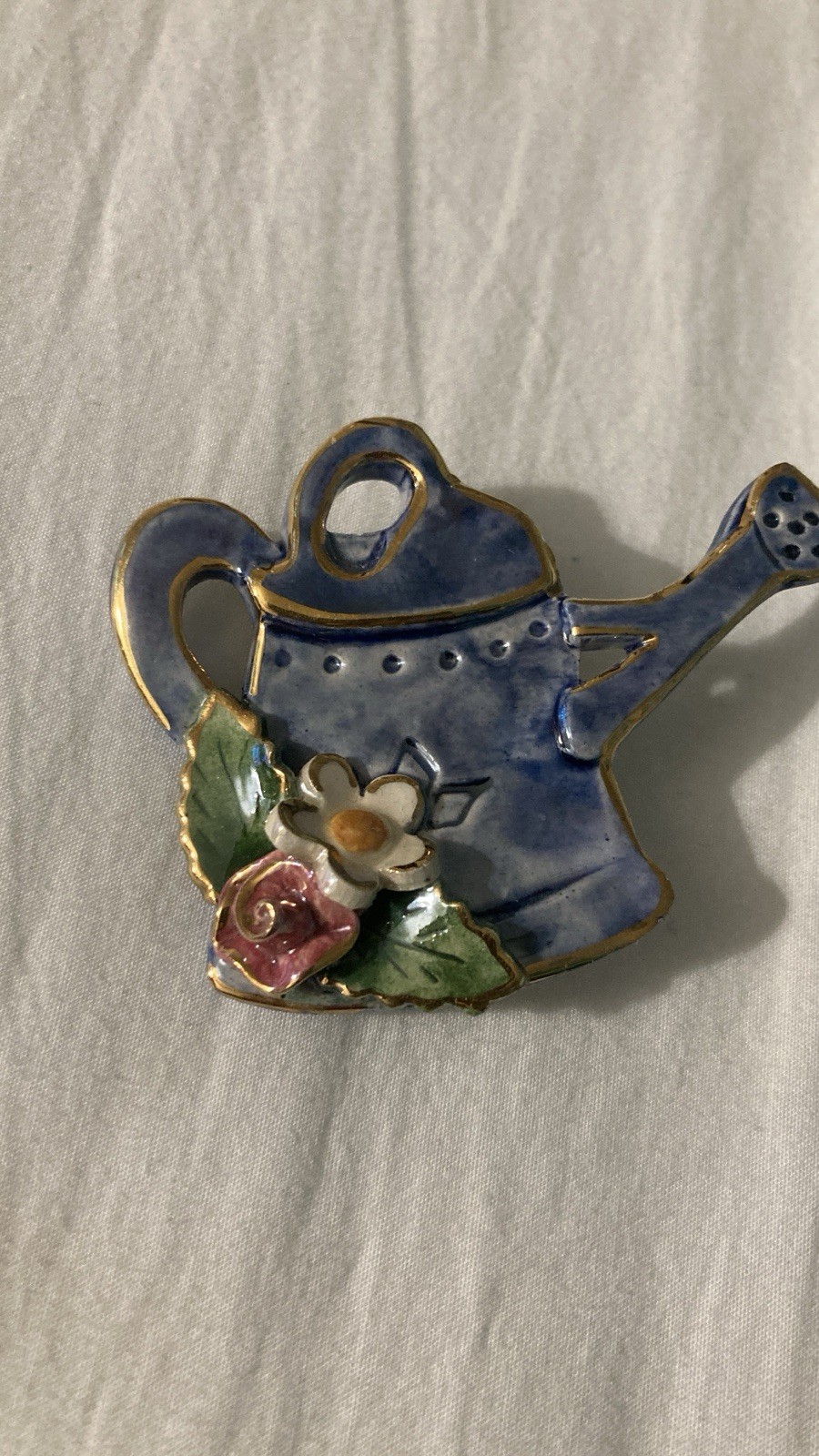 Watering Can Brooch or Pin Blue With Colorful Enamel Flowers