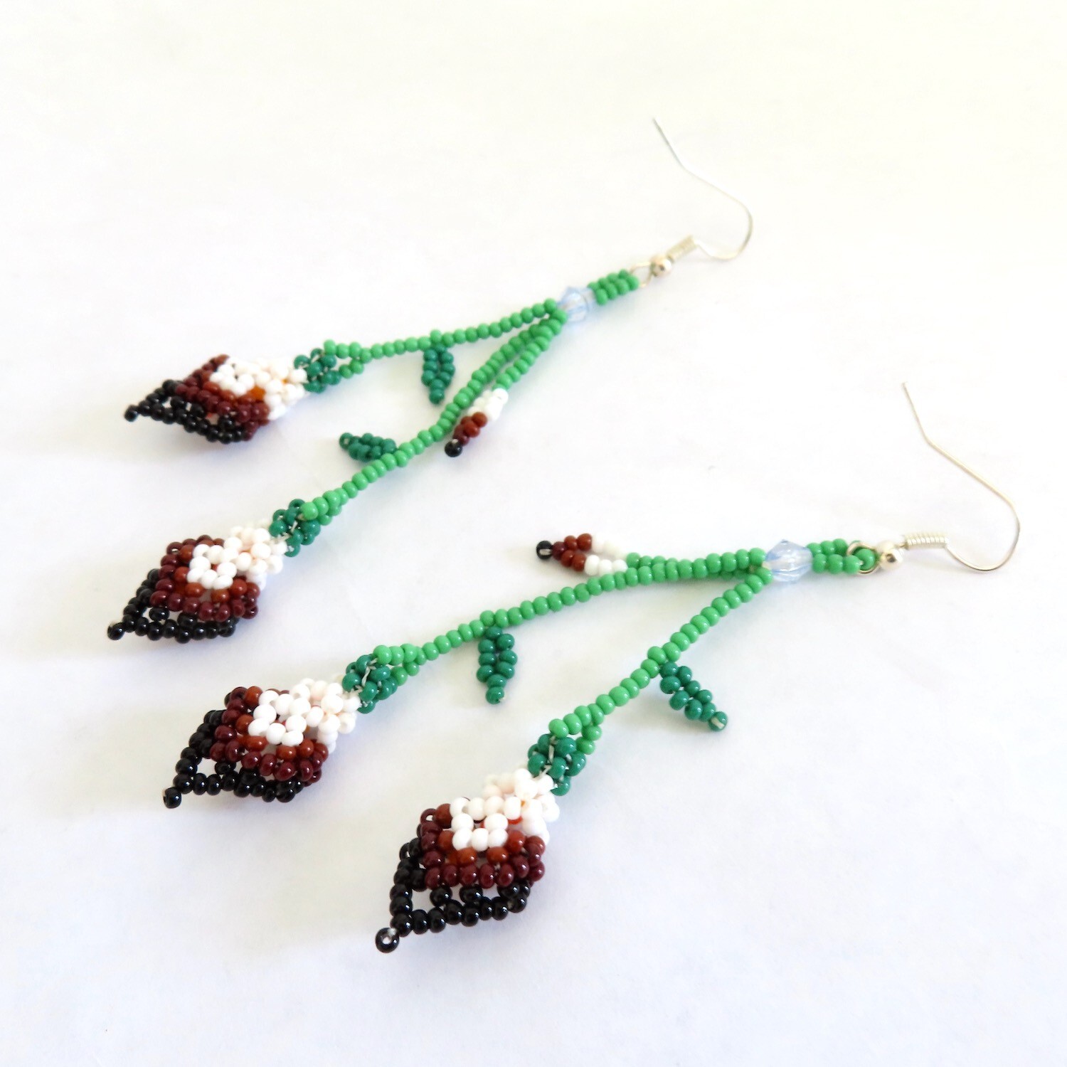 Huichol Beaded Dangle Earrings White Brown Calla Lilly Flower Handmade Mexico