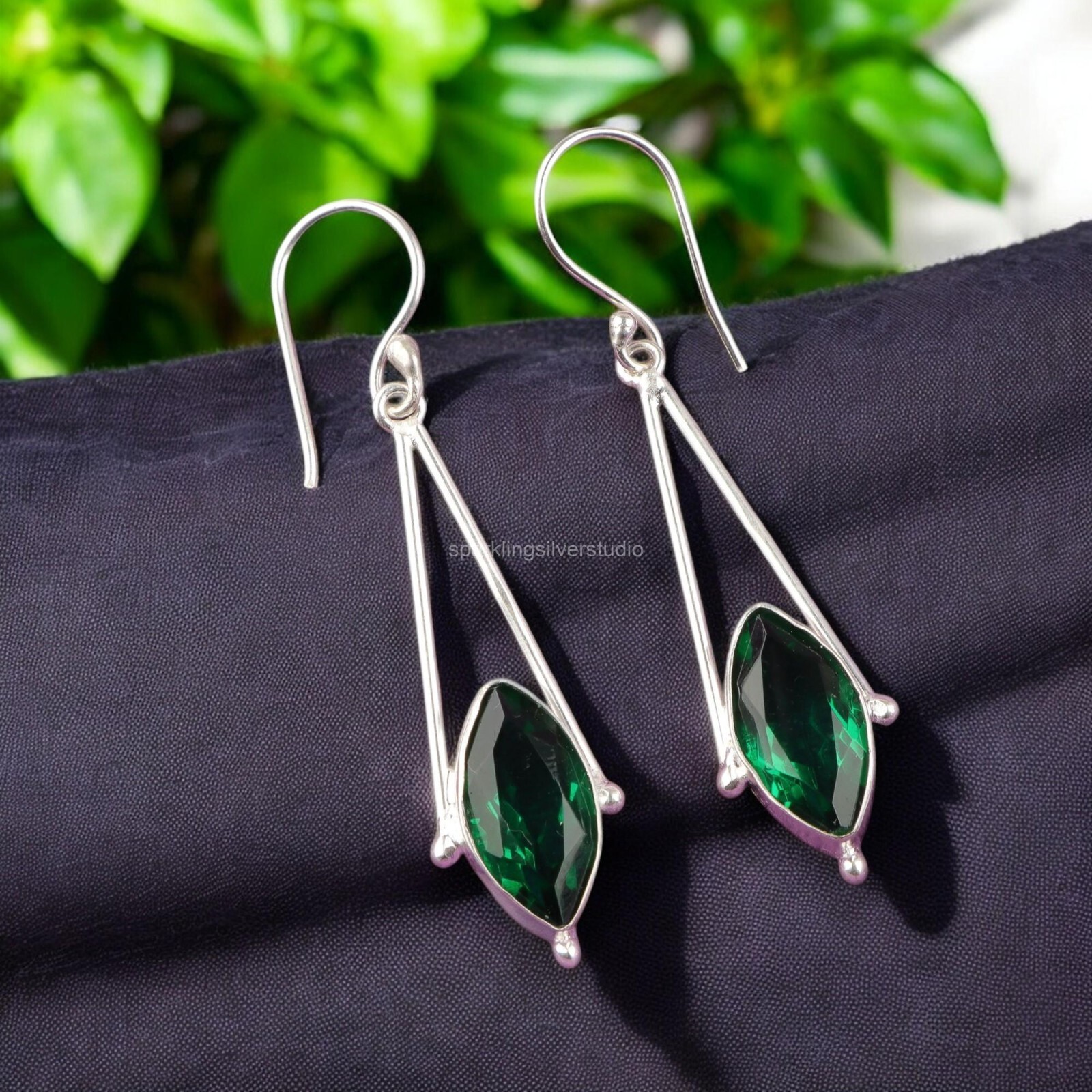 Marquise Cut Green Emerald Gemstone 925 Sterling Silver Dangle Drop New Earrings