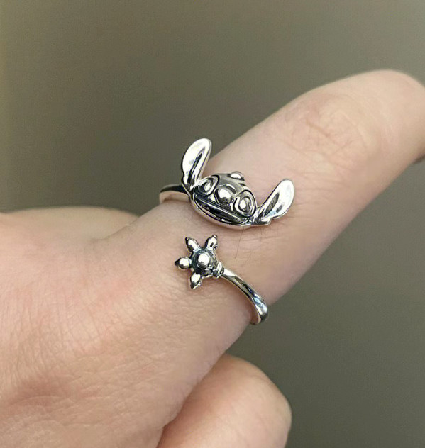 Silver Cartoon Stitch Band Adjustable Ring