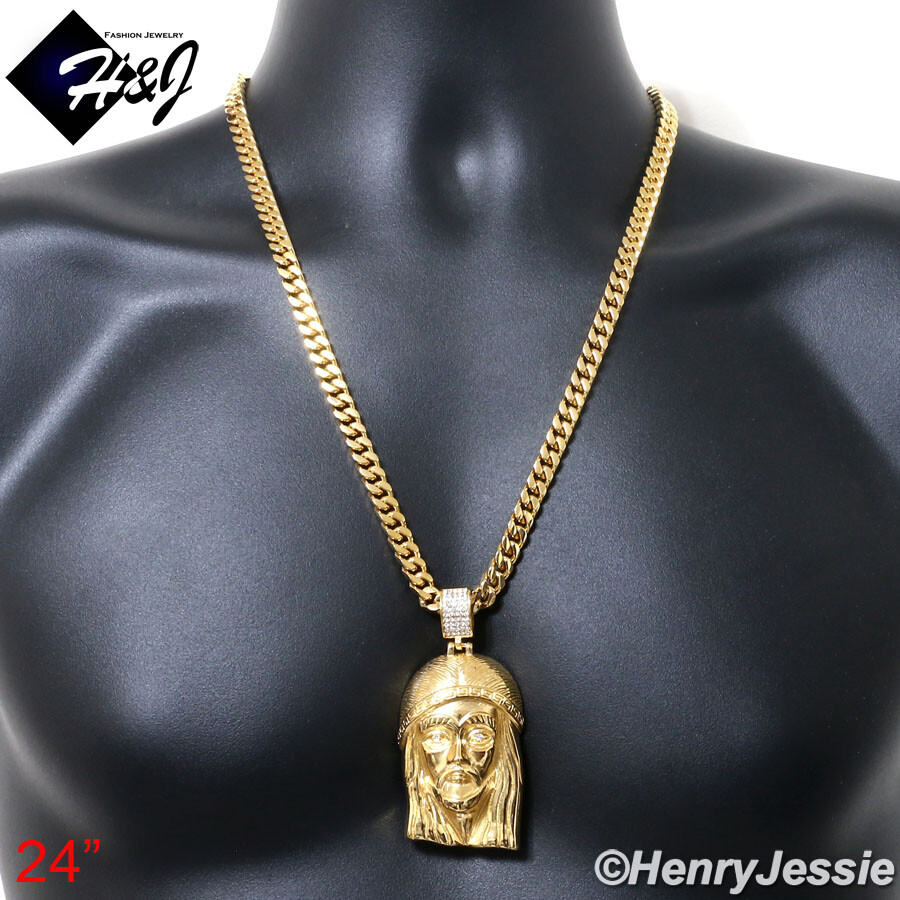 18-40″MEN Stainless Steel 7mm Gold Plated Miami Cuban Chain CZ Jesus Pendant*143