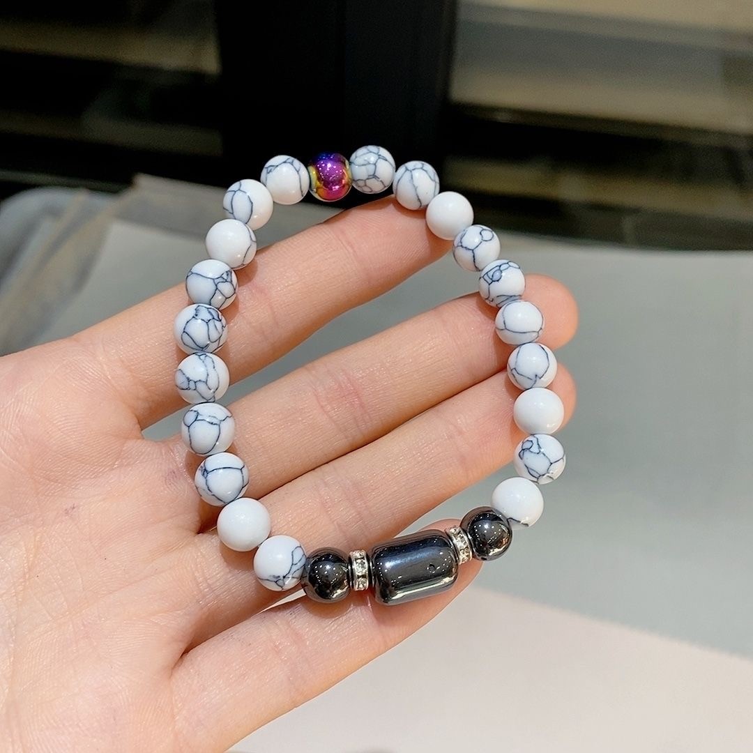 White Cracked Stone Pearl Jewelry Set Bead Necklace Bracelet Unisex Zen Collar