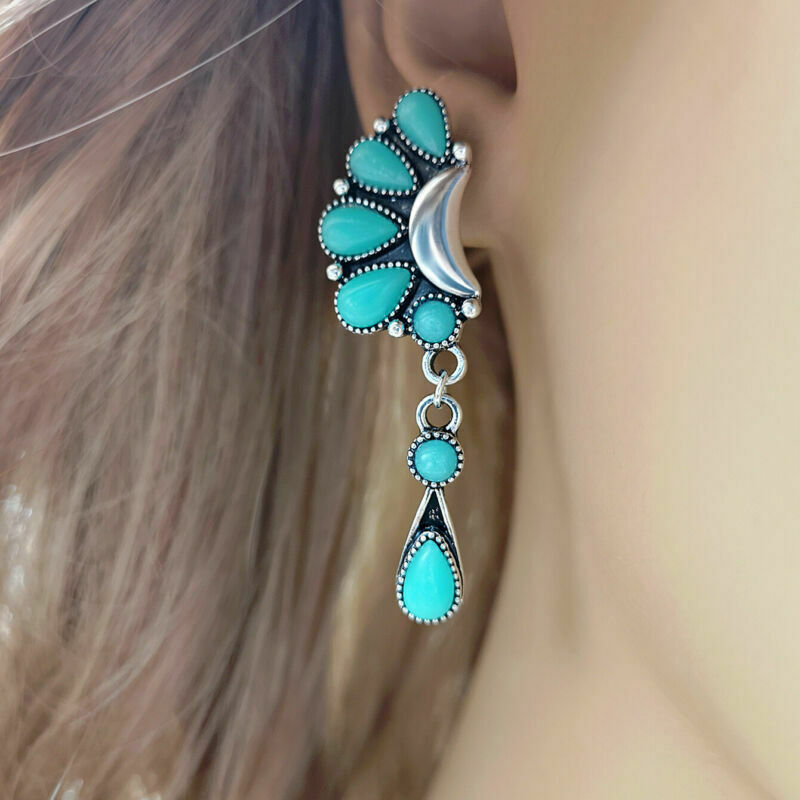 Vintage 925 Silver Turquoise Ear Hook Earrings Drop Dangle Women Wedding Jewelry