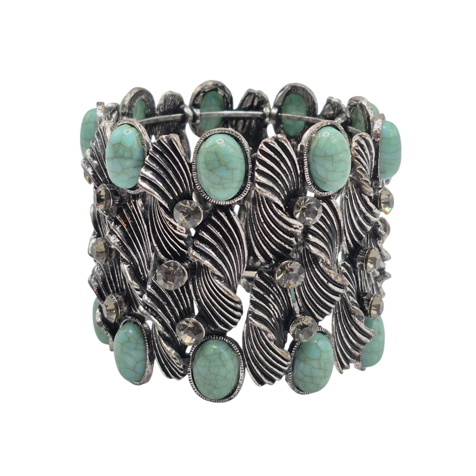 Vintage Filigree Faux Turquoise & Rhinestone Western Style Cuff Bracelet