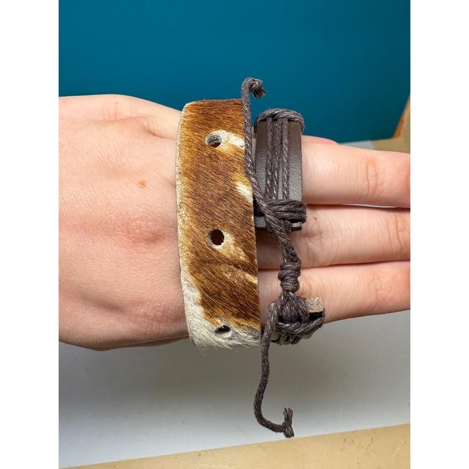 Boho Leather Bracelet Set Cowhide Hair-on Cuff & Carved Turtle Charm Brown