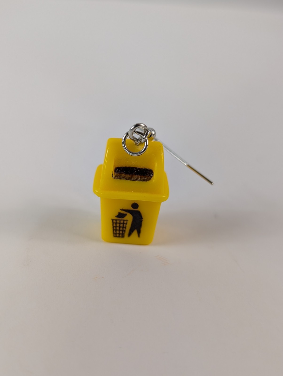 3D Yellow Black Trashcan Silver Tone Hook Dangle Drop Pierced Earrings Novelty