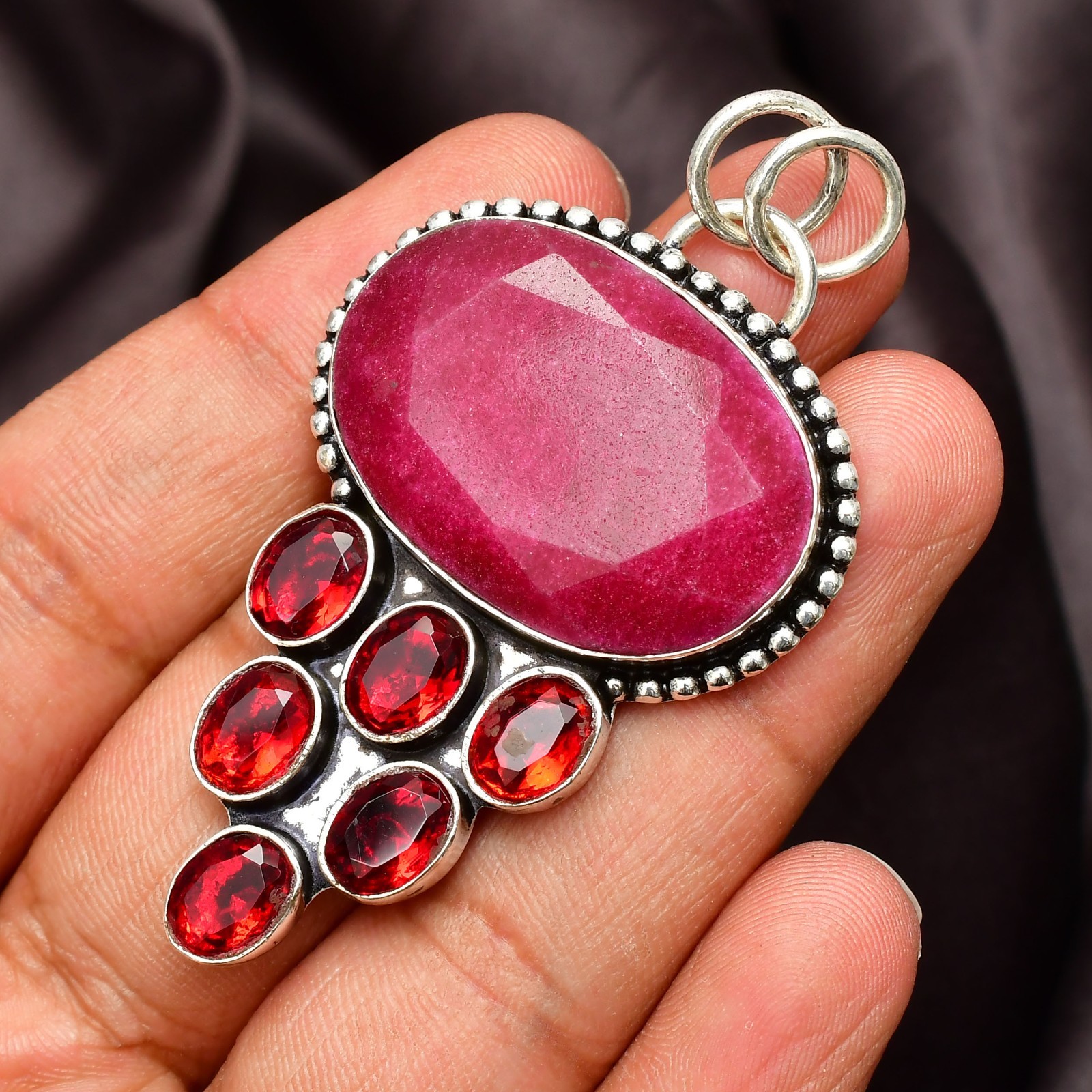 Ruby (Lab-Created) Gemstone 925 Sterling Silver Handmade Pendant Jewelry 1.77″