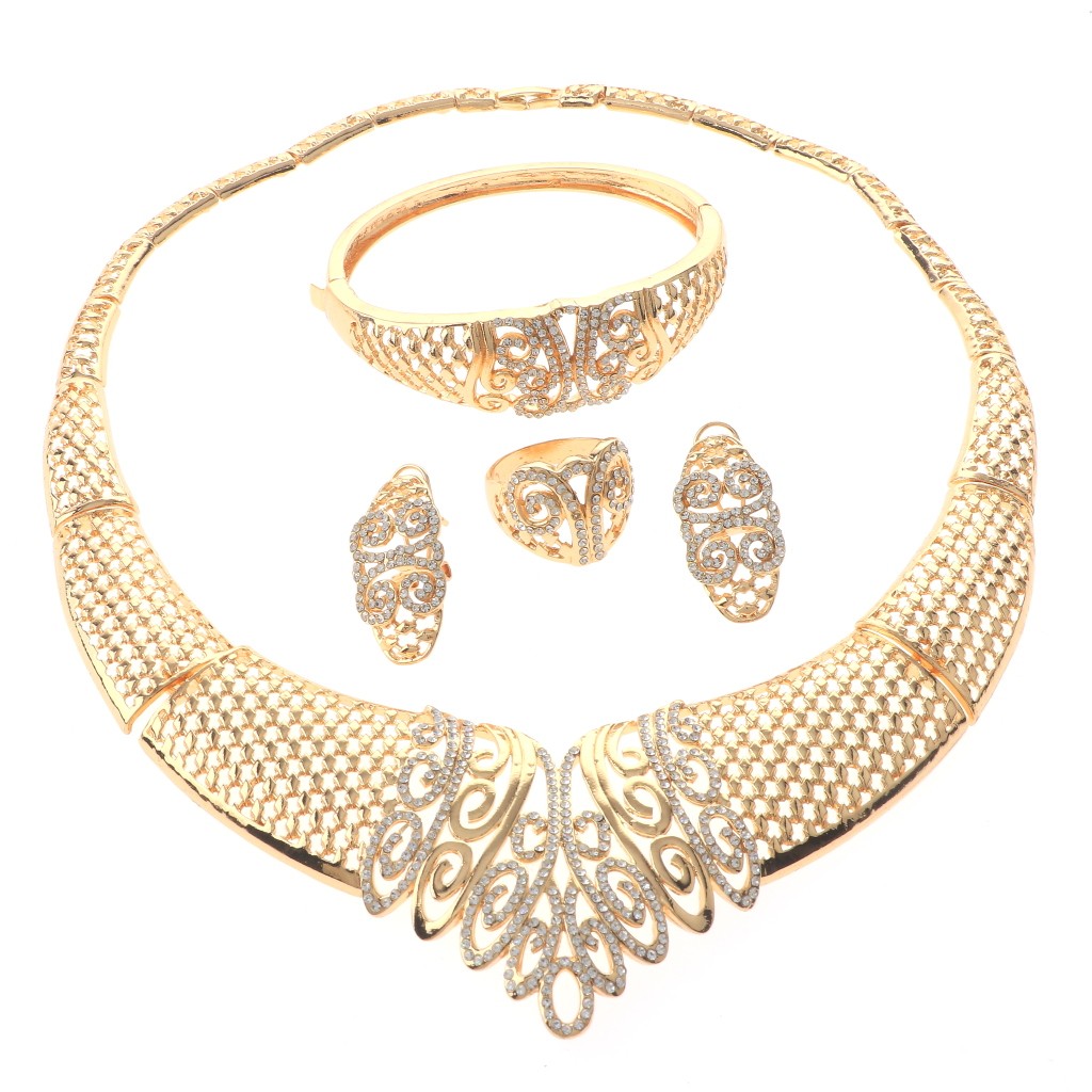 Gold Tone Gold Plated Alloy Metal Rhinestone Necklace Bracelet Earring Set MN…