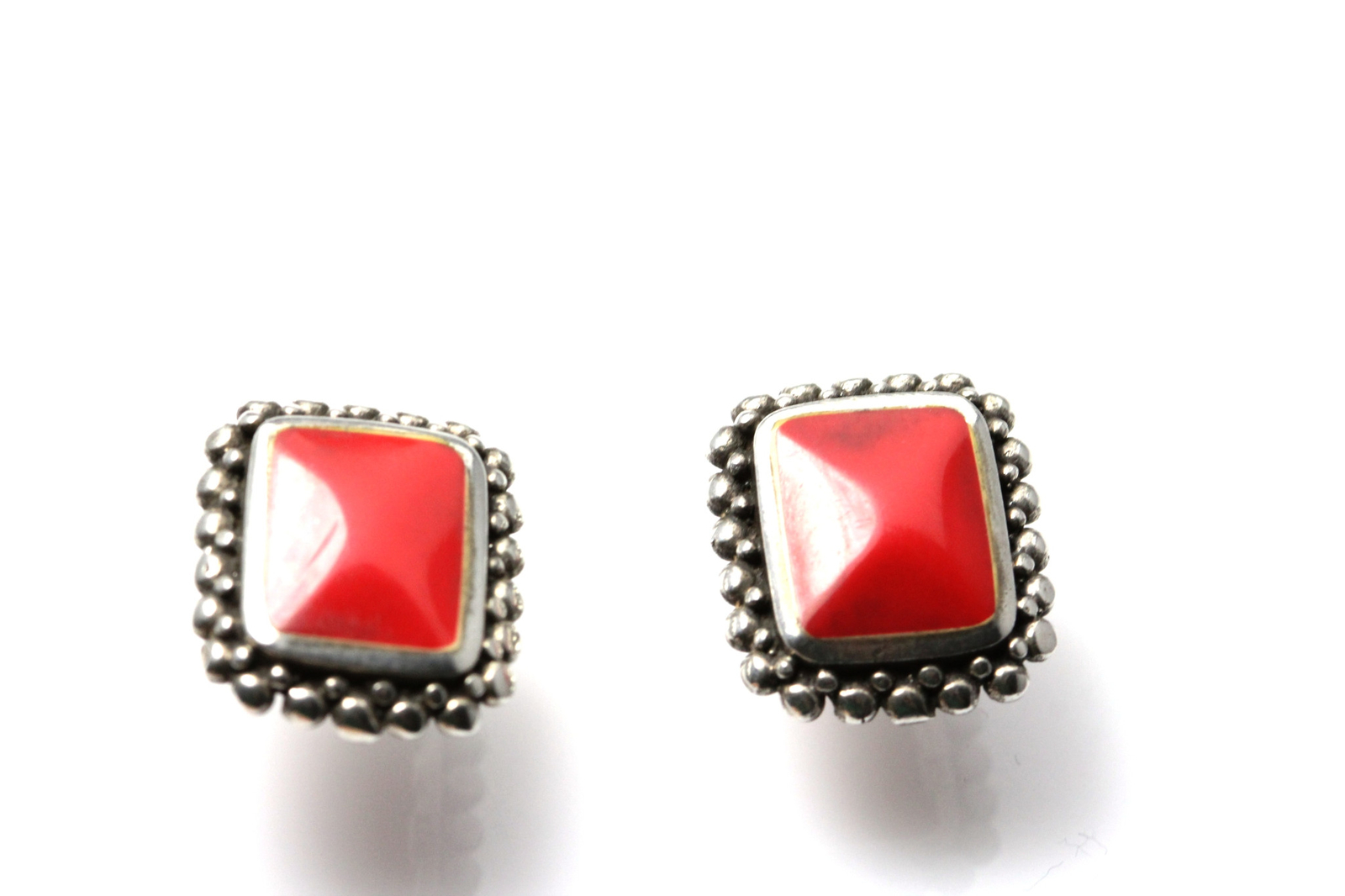 Rectangular Shape Red Stone Sterling Silver 925 Earrings 7.4 Grams (EAR2724)